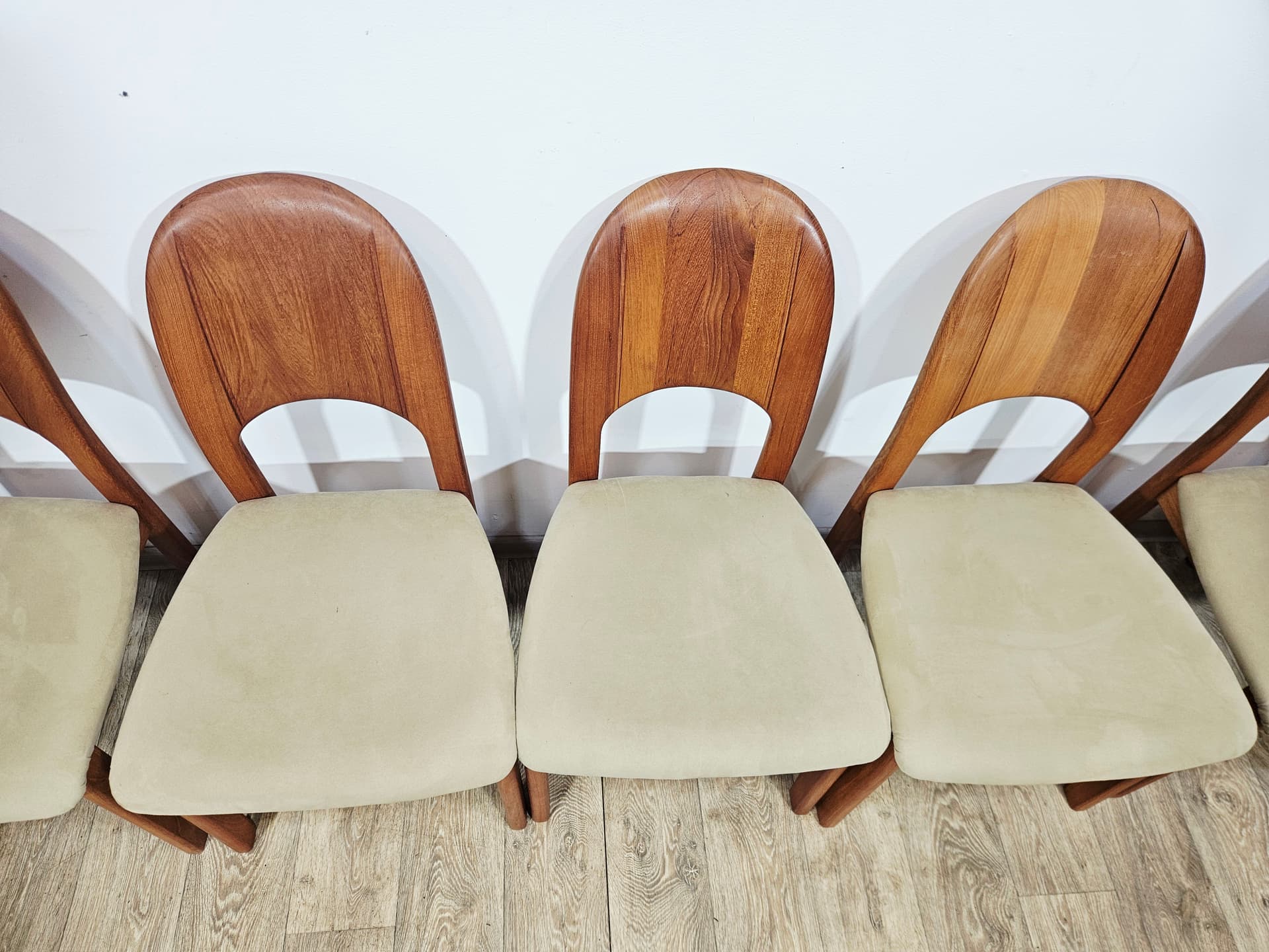 Dining set, brown teak, beige green fabric, Denmark, 1970s. - 377462