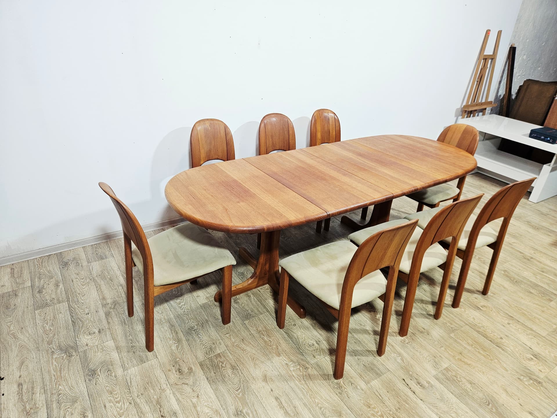 Dining set, brown teak, beige green fabric, Denmark, 1970s. - 377453