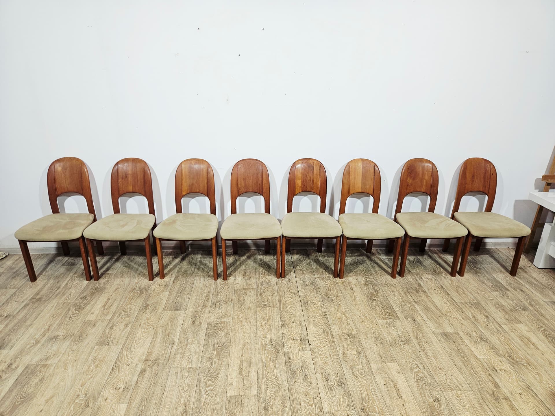 Dining set, brown teak, beige green fabric, Denmark, 1970s. - 377460