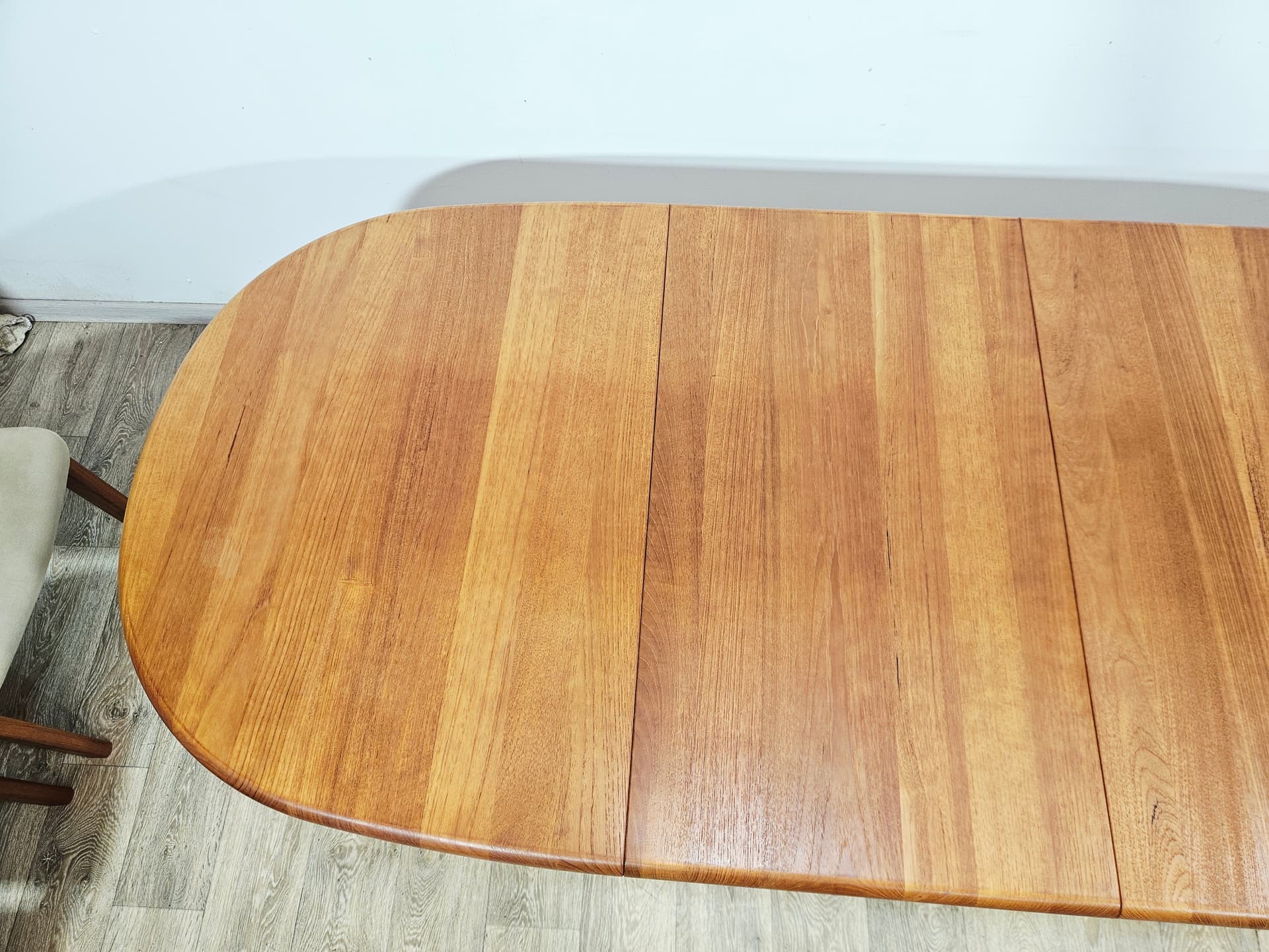 Dining set, brown teak, beige green fabric, Denmark, 1970s. - 377456