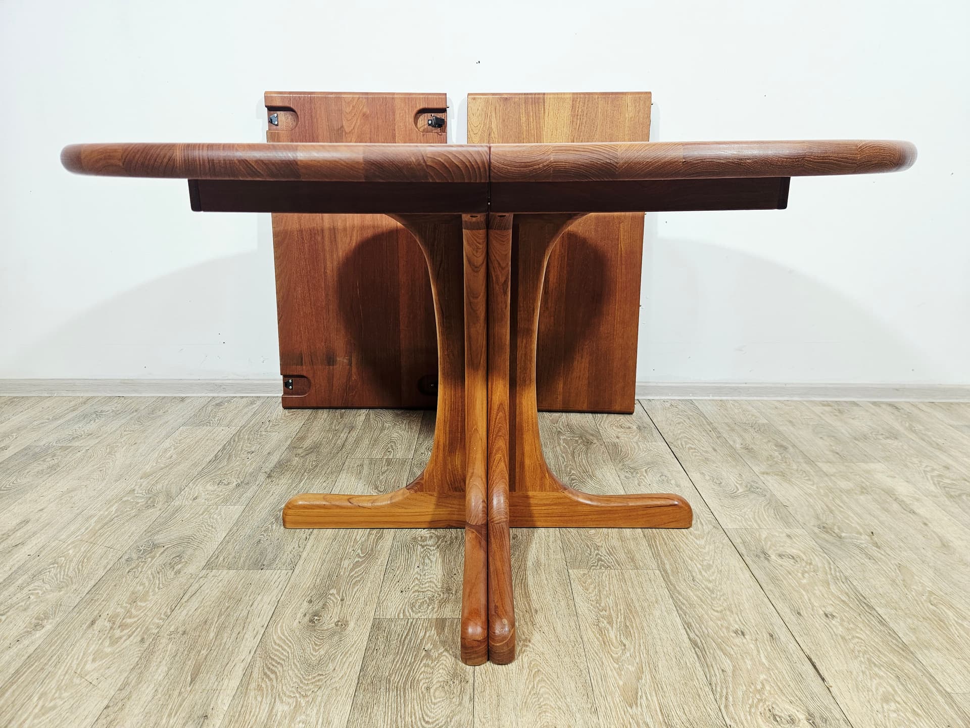 Dining set, brown teak, beige green fabric, Denmark, 1970s. - 377458