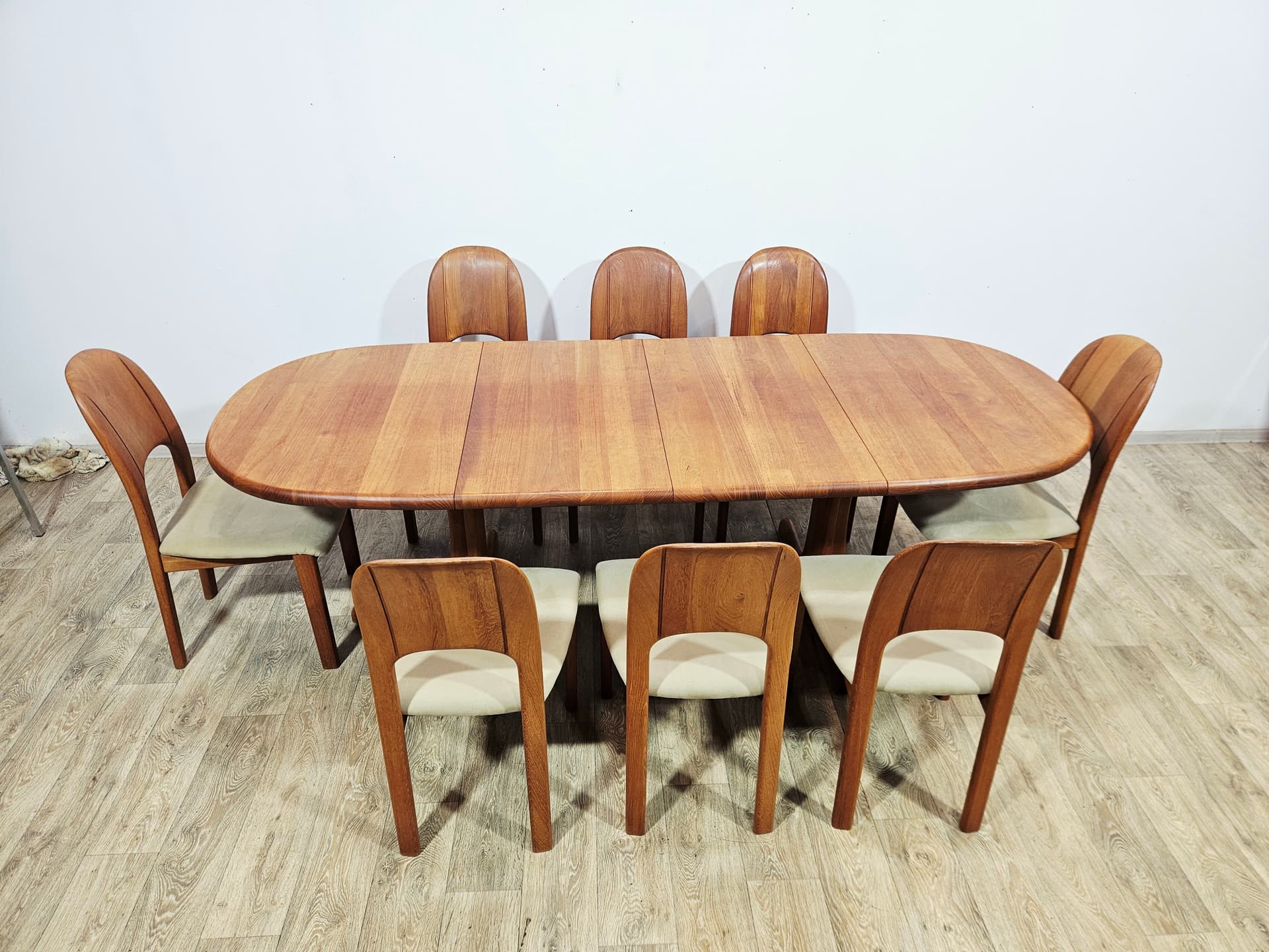 Dining set, brown teak, beige green fabric, Denmark, 1970s. - 377452