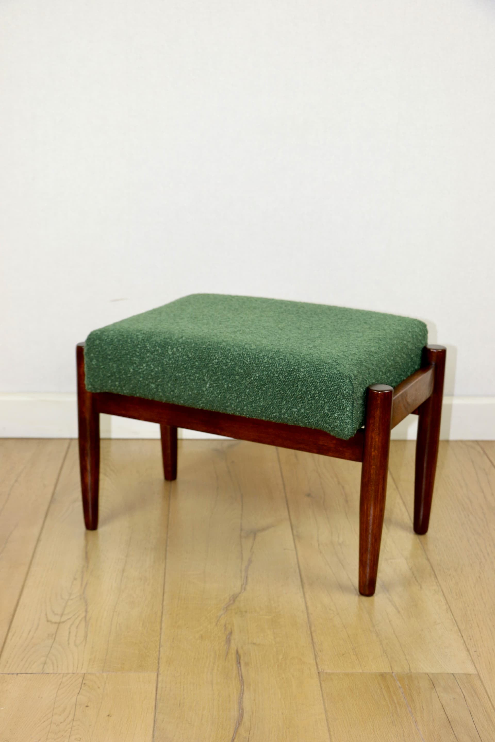 Stool, green bouclé, brown beech, by E. Homa, Poland, 1970s - 377466