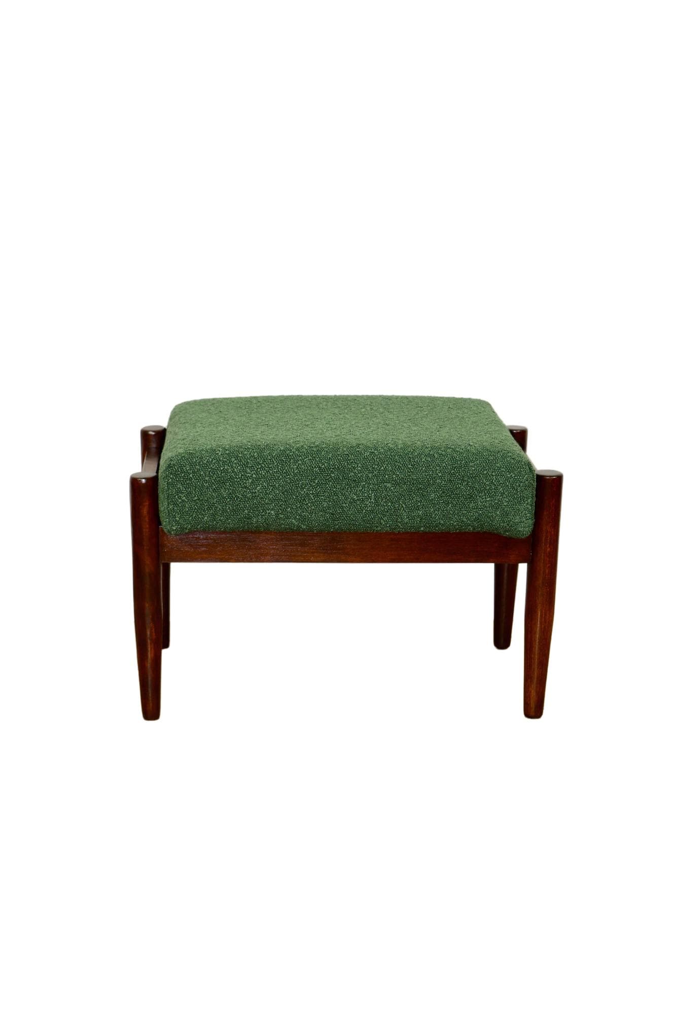 Stool, green bouclé, brown beech, by E. Homa, Poland, 1970s