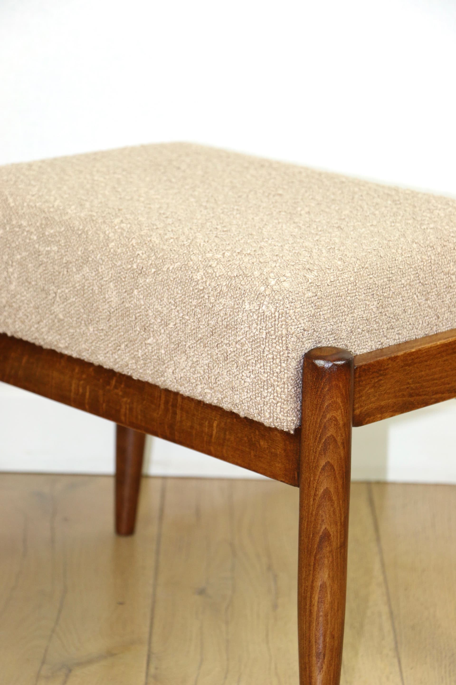 Stool, beige-gold bouclé, brown beech, by E. Homa, Poland, 1970s - 377487