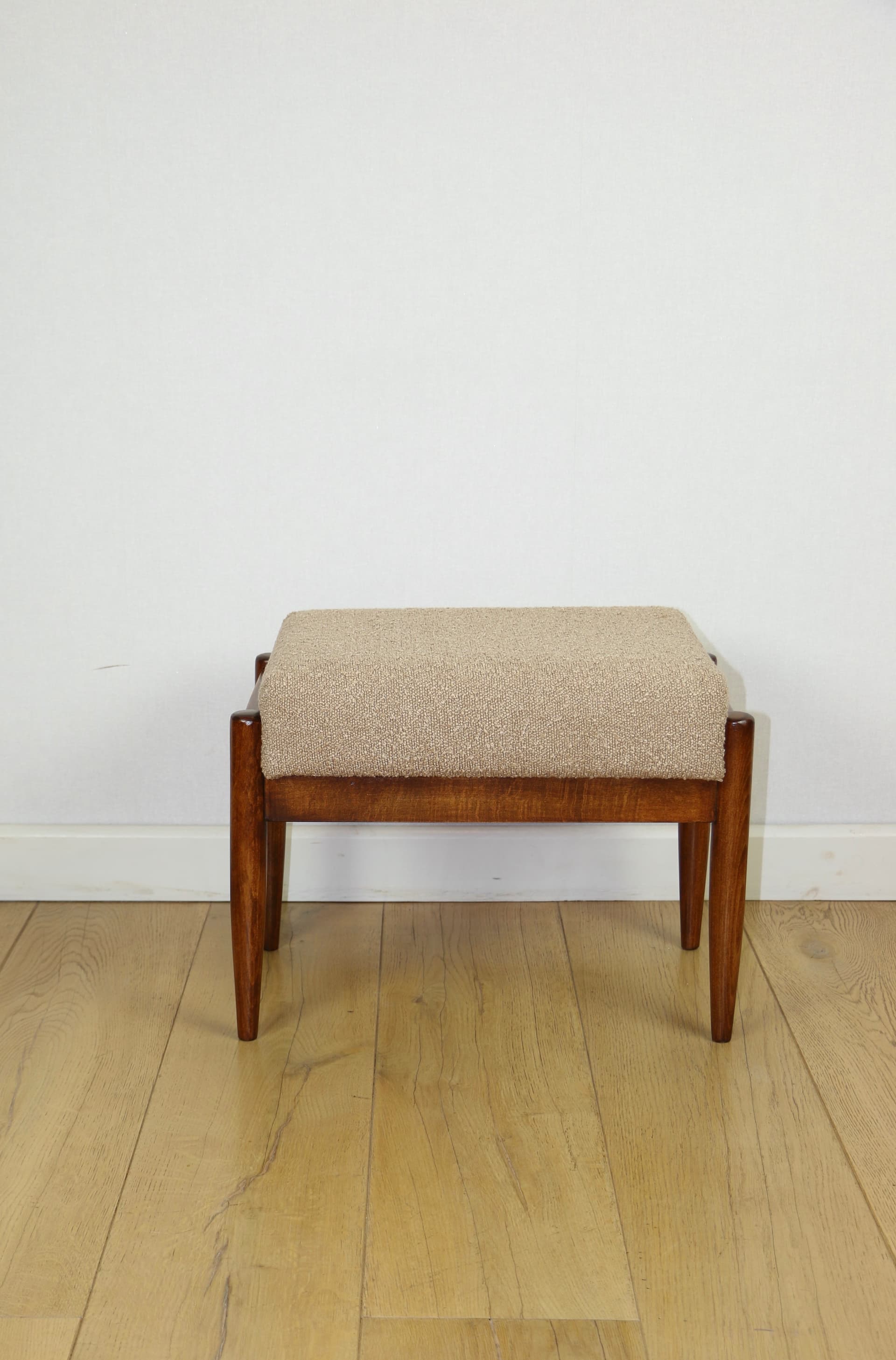 Stool, beige-gold bouclé, brown beech, by E. Homa, Poland, 1970s - 377484