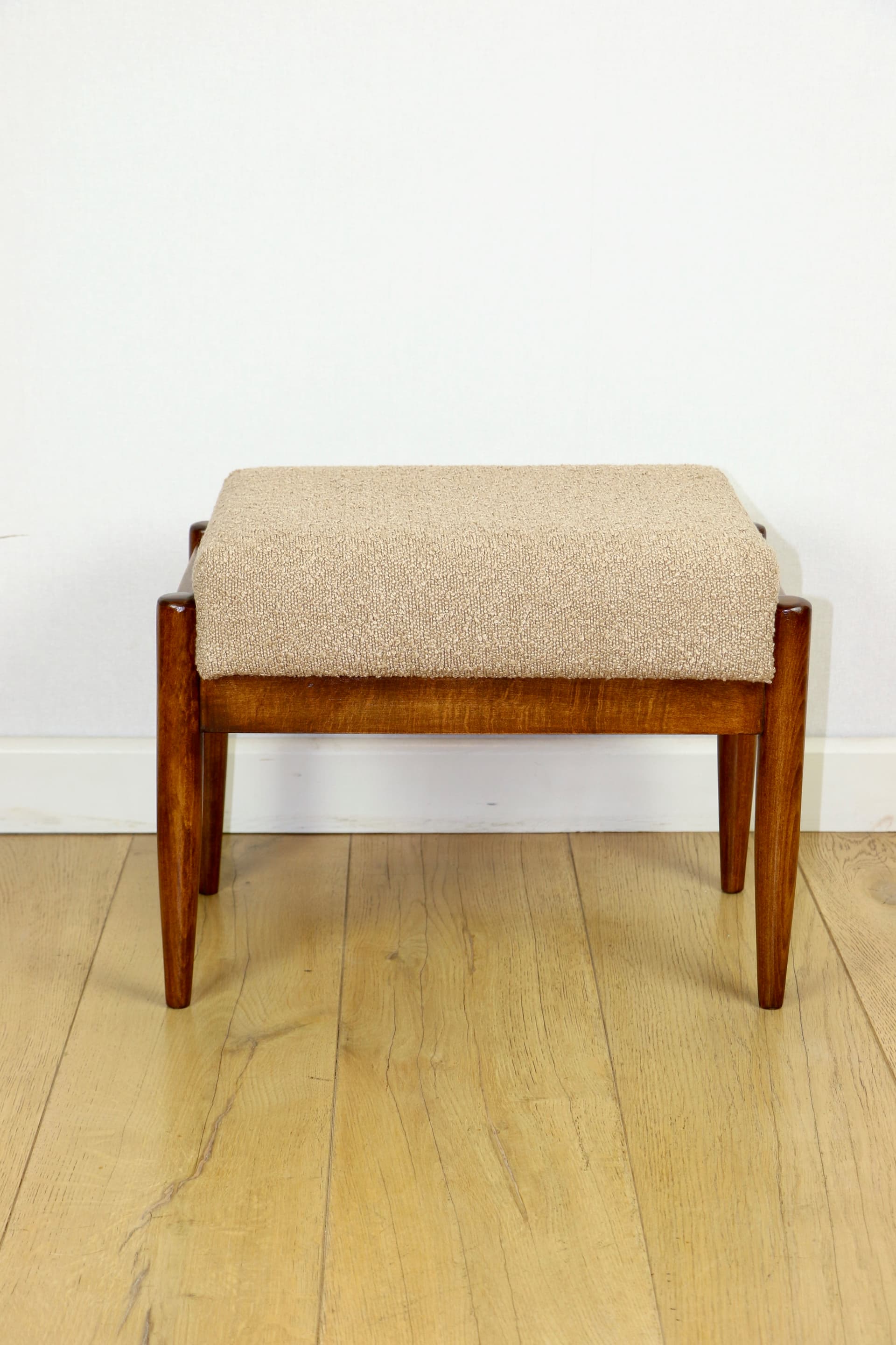 Stool, beige-gold bouclé, brown beech, by E. Homa, Poland, 1970s - 377485