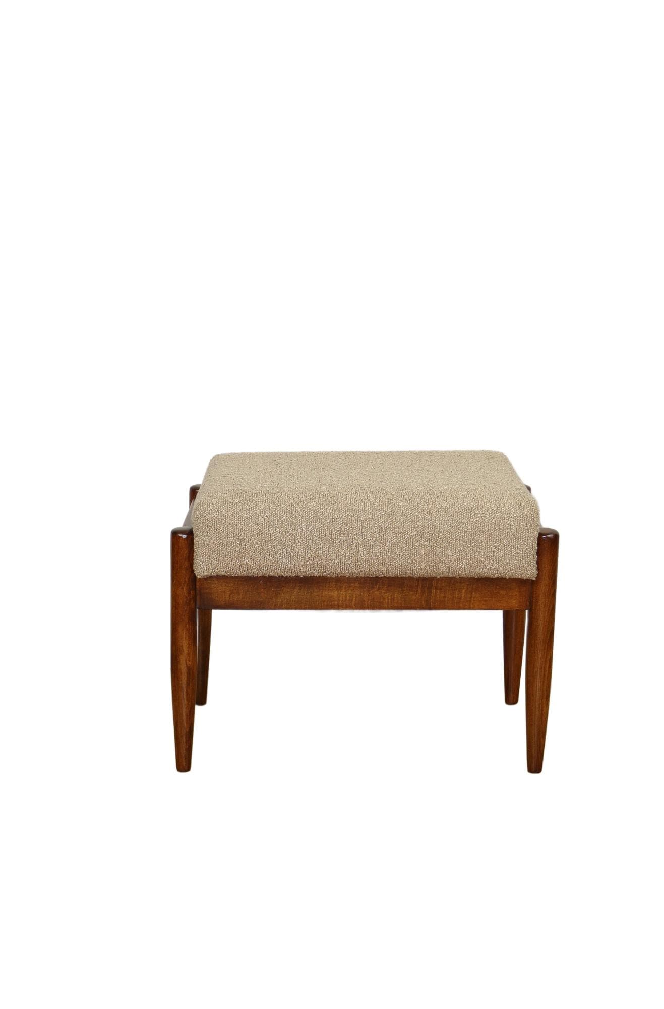 Stool, beige-gold bouclé, brown beech, by E. Homa, Poland, 1970s