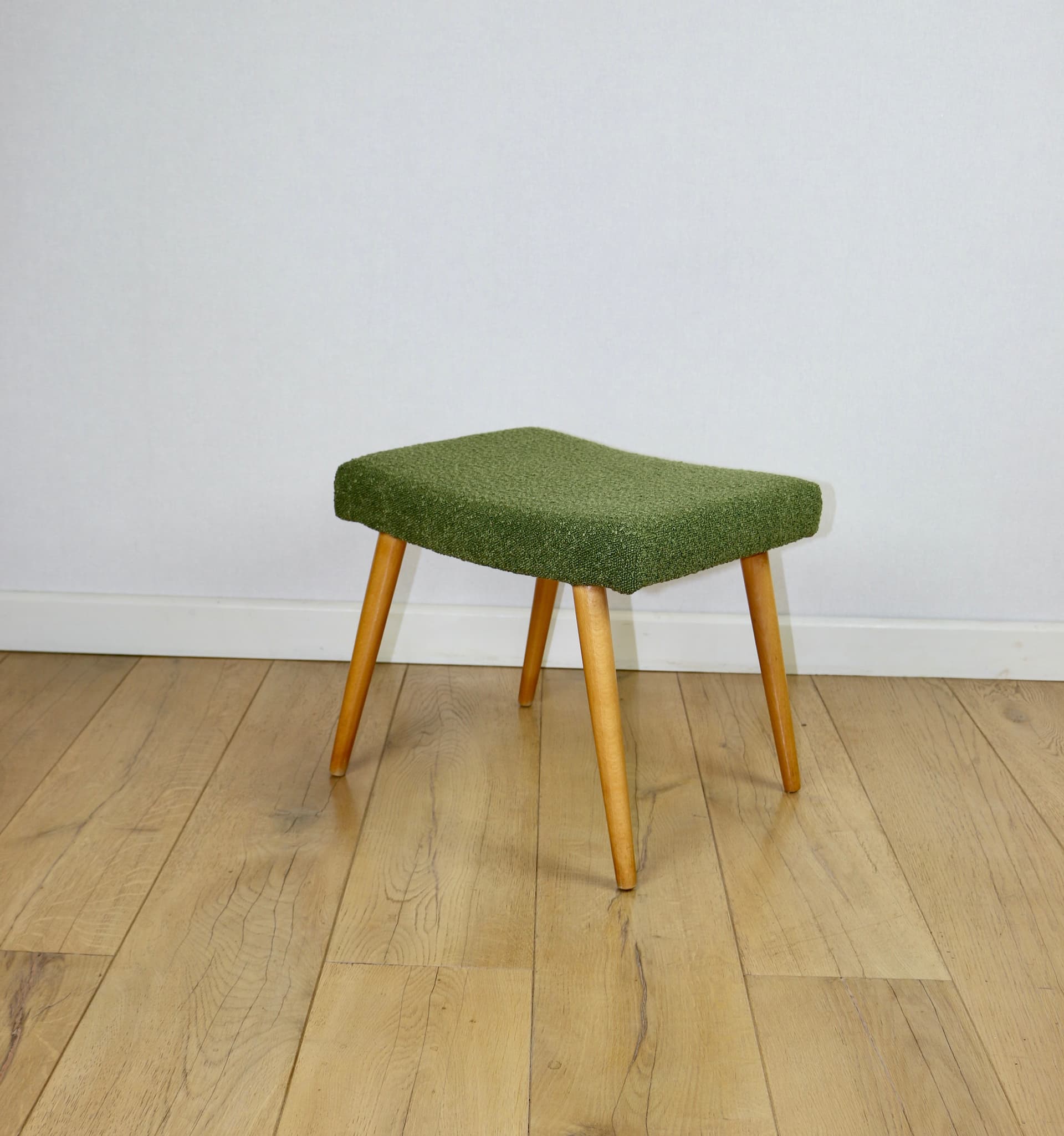 Stool, green bouclé, natural beech, Poland, 1970s - 377530