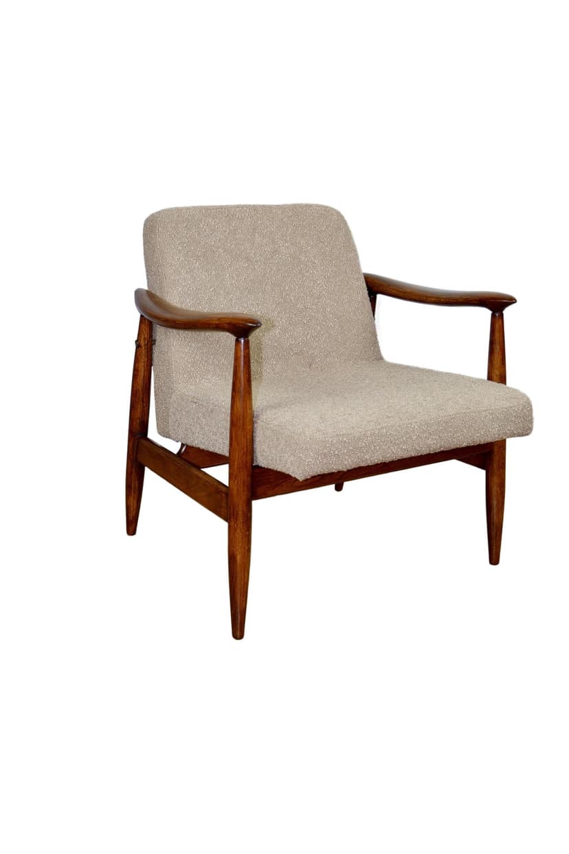 Fotel GFM 300-202, boucle beżowy-złoty, drewno brązowy, proj. J. Kędziorek, Polska, lata 70.