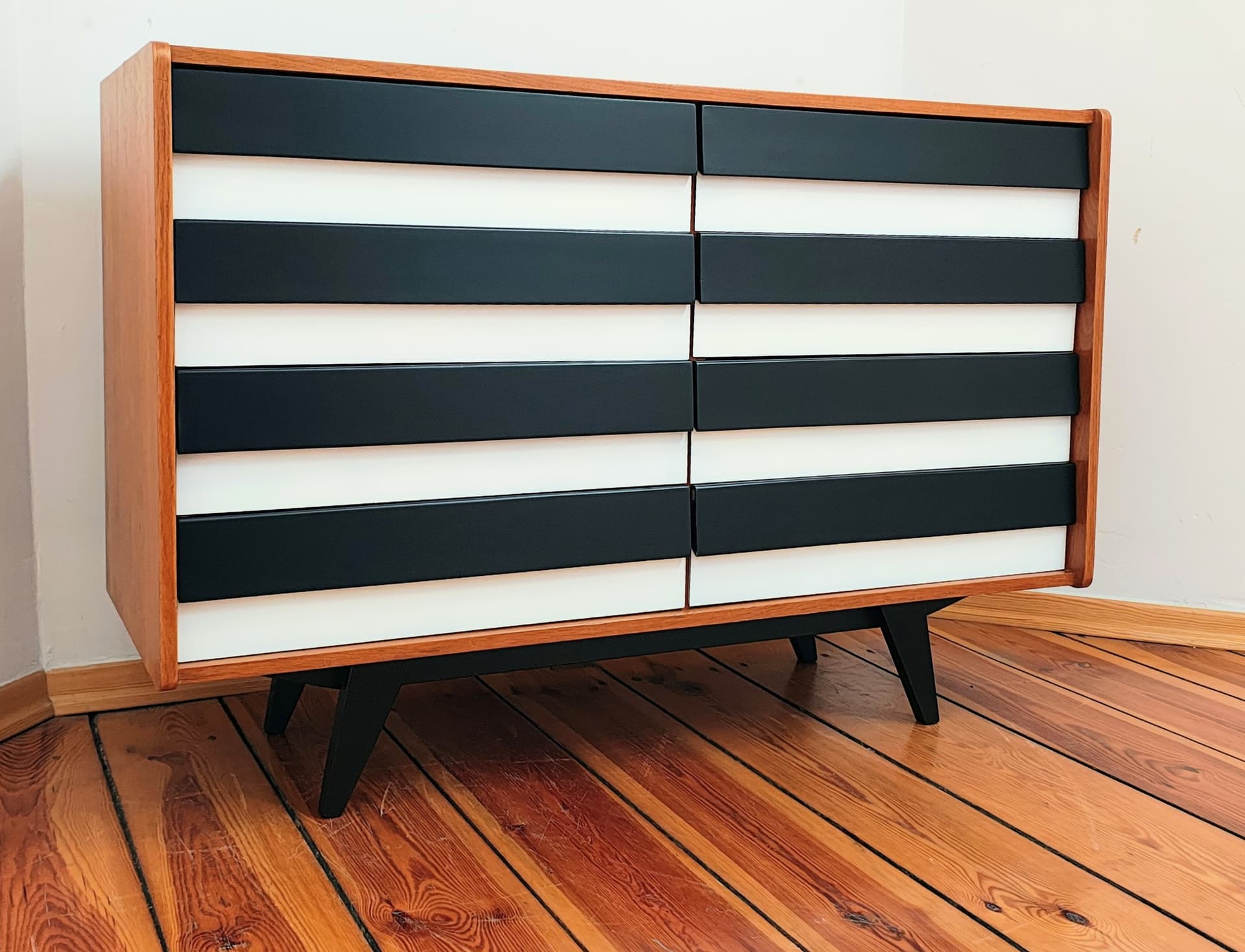 Chest of drawers, brown black white, wood, by J. Jiroutek, Jitona, Czechoslovakia, 1960s. - 377585