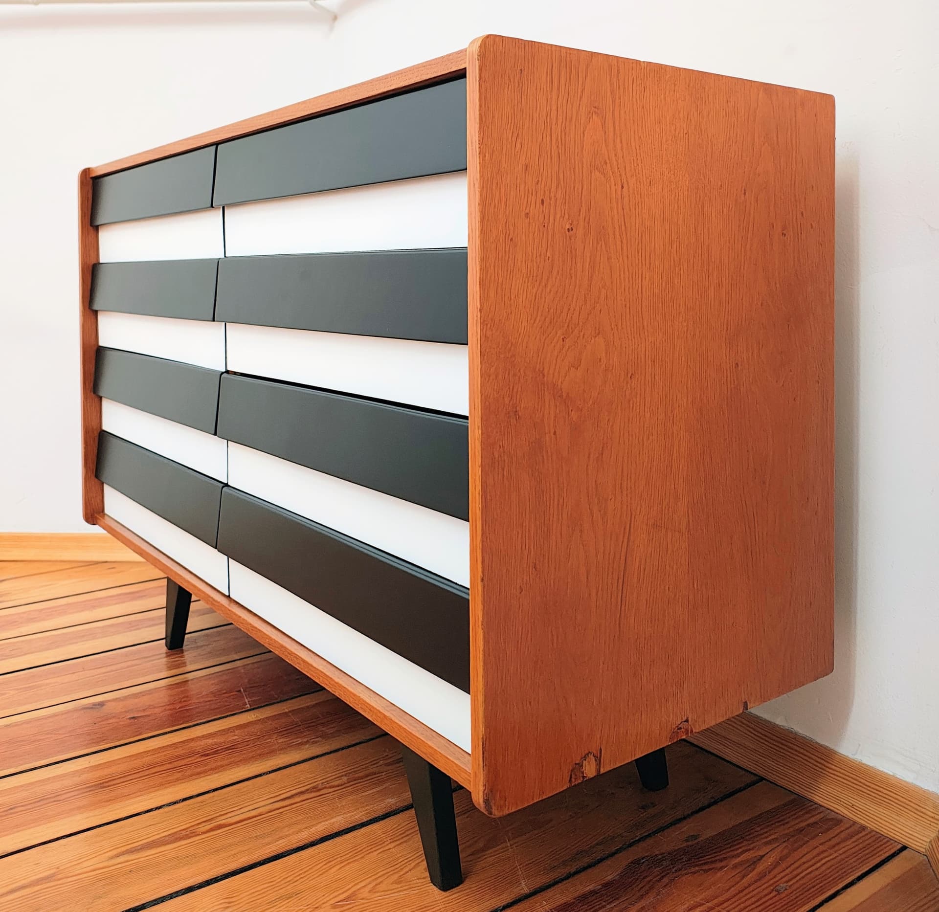 Chest of drawers, brown black white, wood, by J. Jiroutek, Jitona, Czechoslovakia, 1960s. - 377586