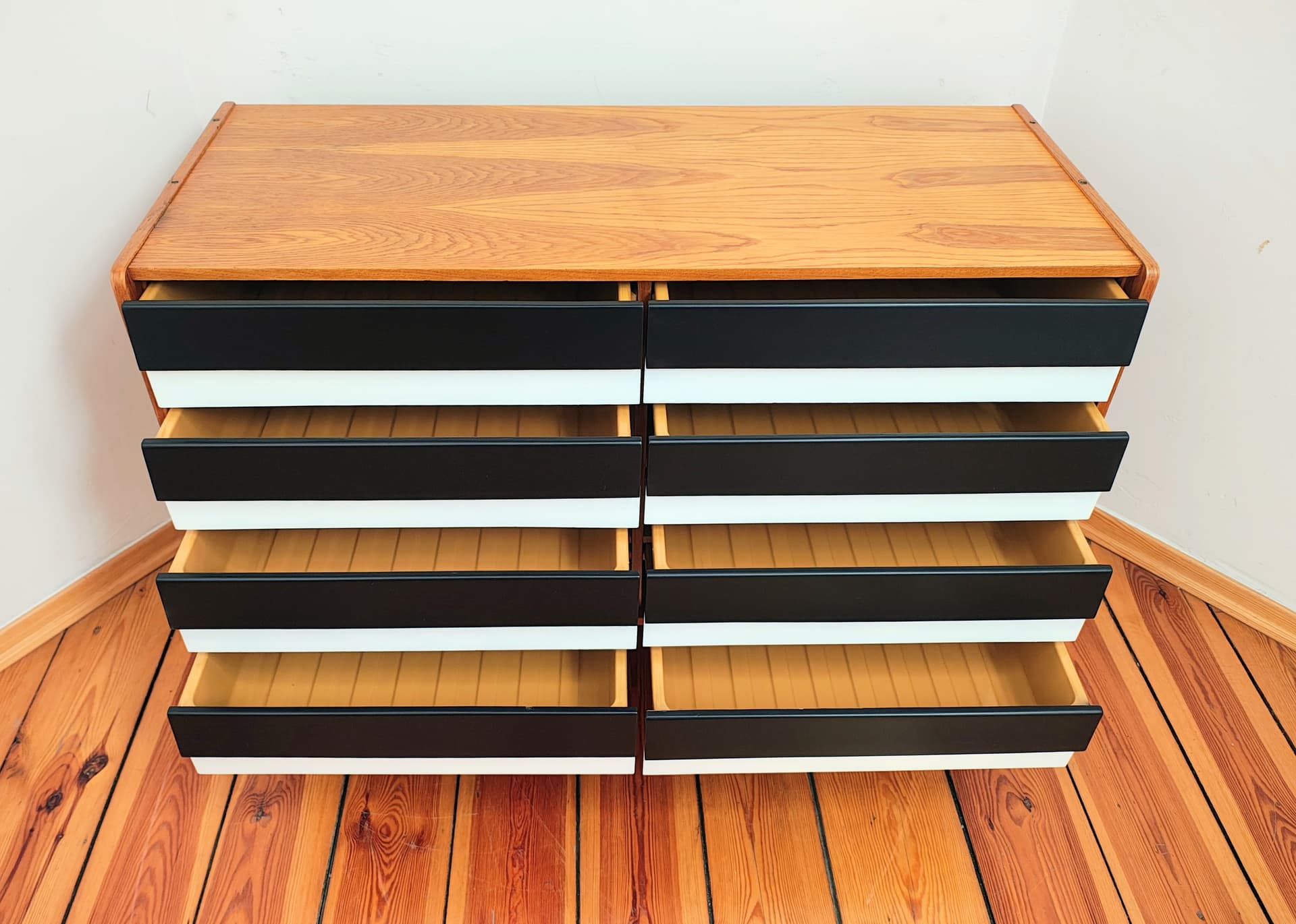 Chest of drawers, brown black white, wood, by J. Jiroutek, Jitona, Czechoslovakia, 1960s. - 377583