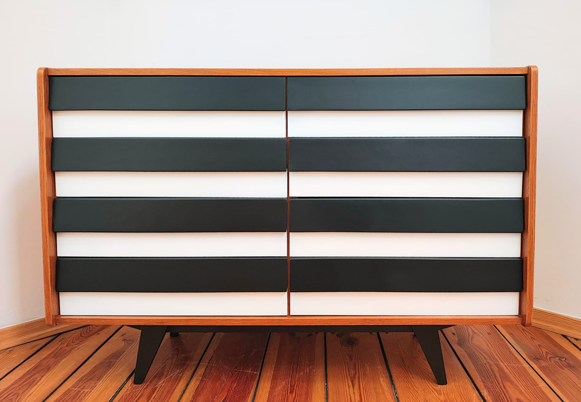 Chest of drawers, brown black white, wood, by J. Jiroutek, Jitona, Czechoslovakia, 1960s. - 377579