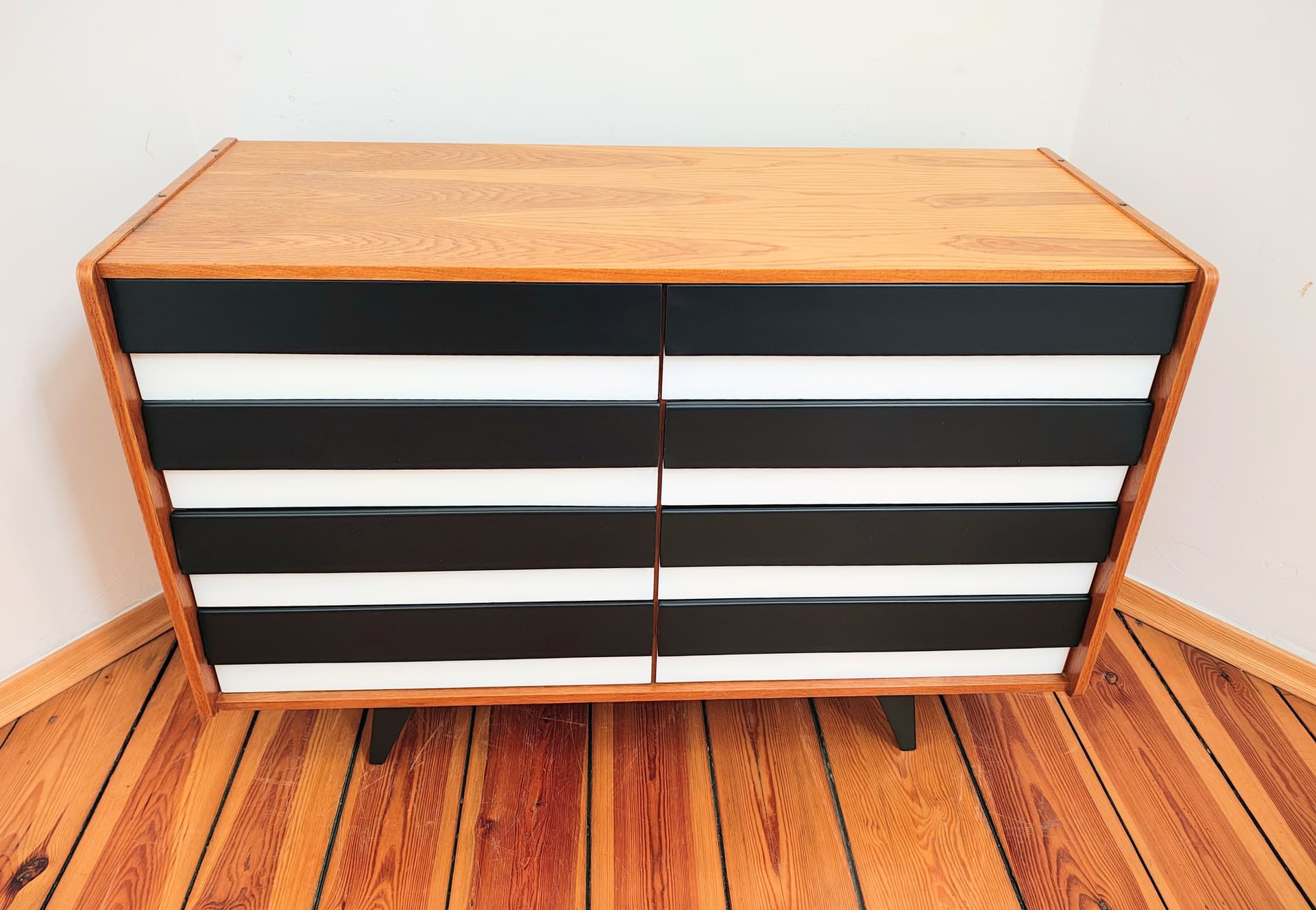 Chest of drawers, brown black white, wood, by J. Jiroutek, Jitona, Czechoslovakia, 1960s. - 377582