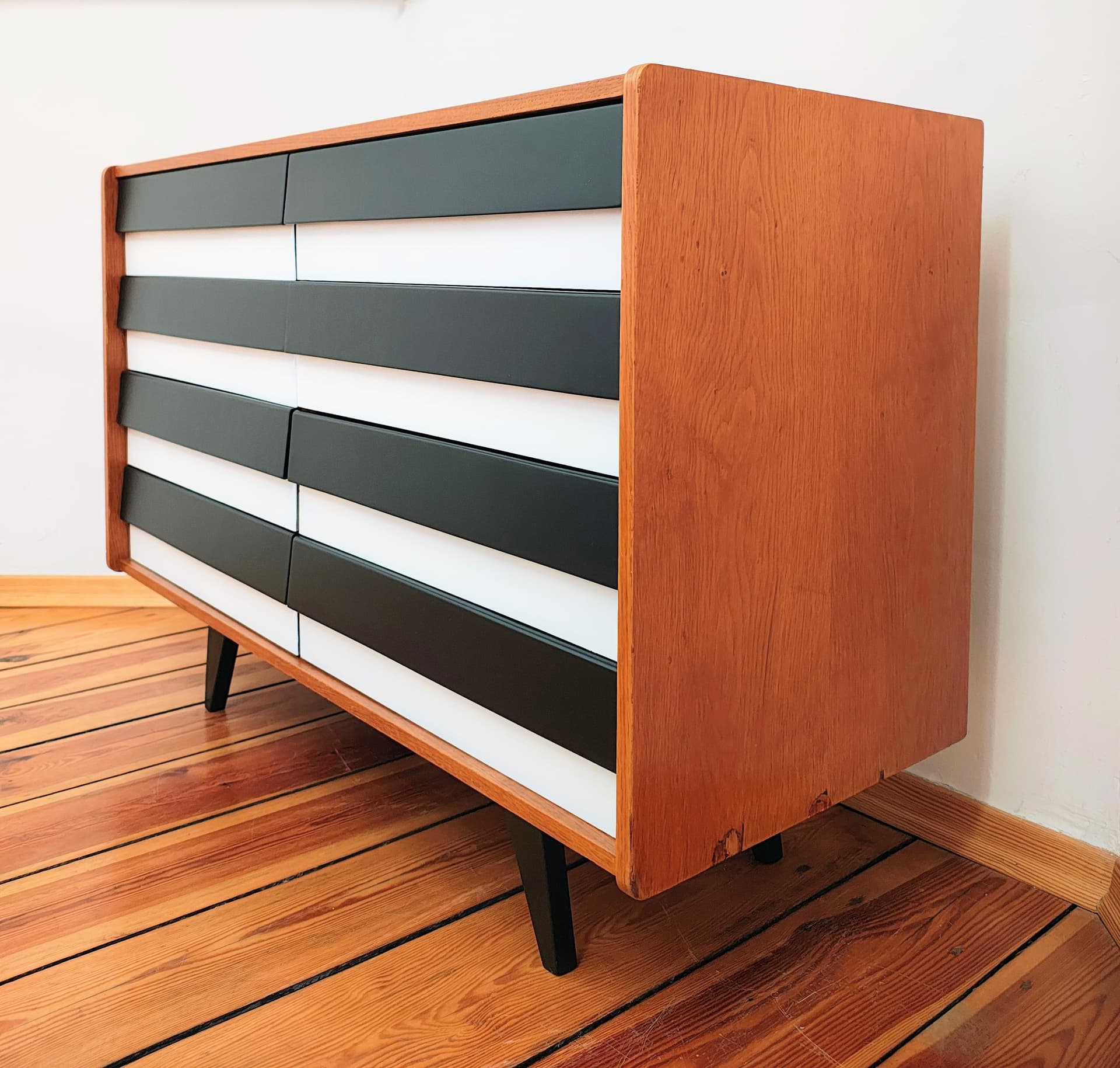Chest of drawers, brown black white, wood, by J. Jiroutek, Jitona, Czechoslovakia, 1960s. - 377580