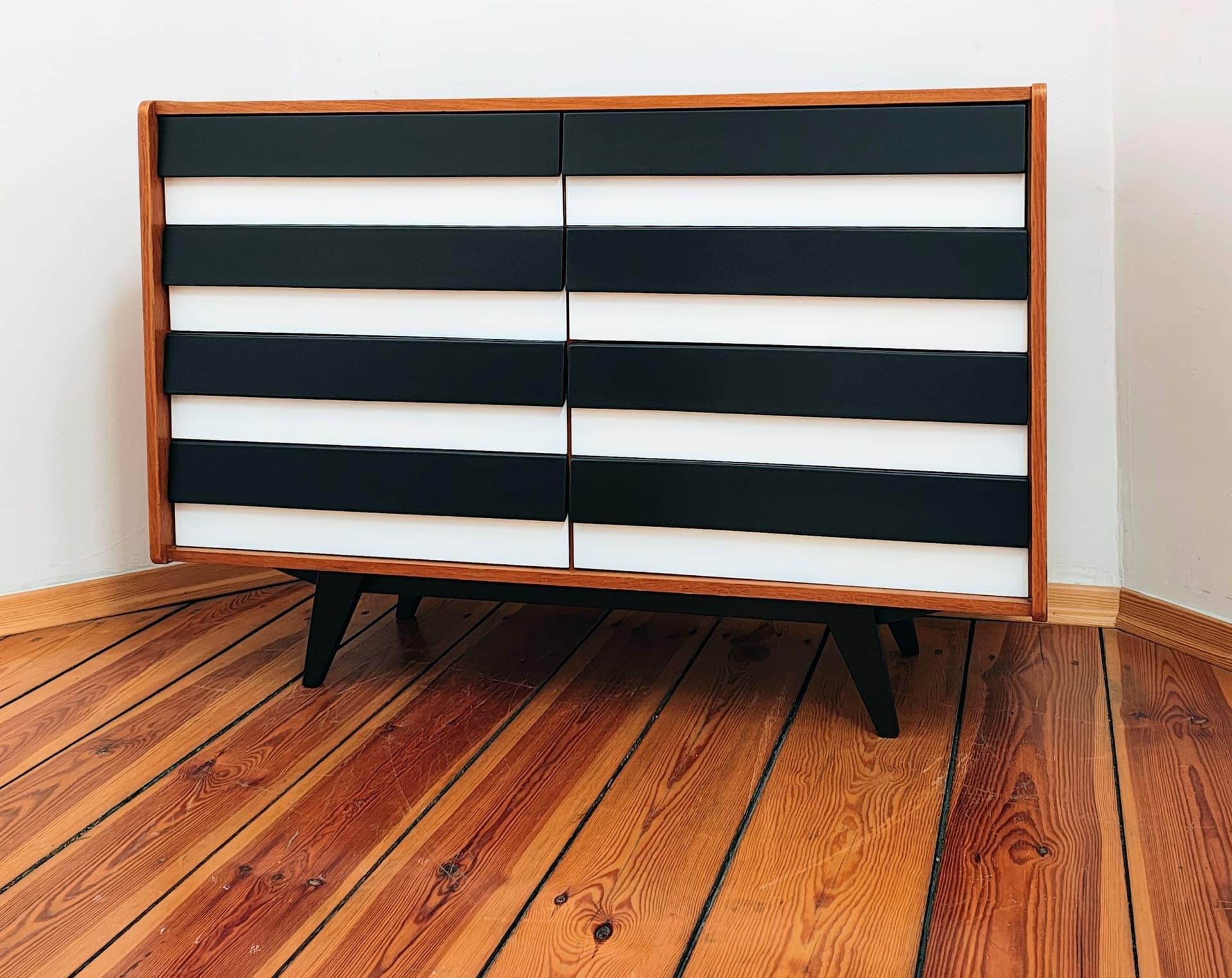 Chest of drawers, brown black white, wood, by J. Jiroutek, Jitona, Czechoslovakia, 1960s. - 377577