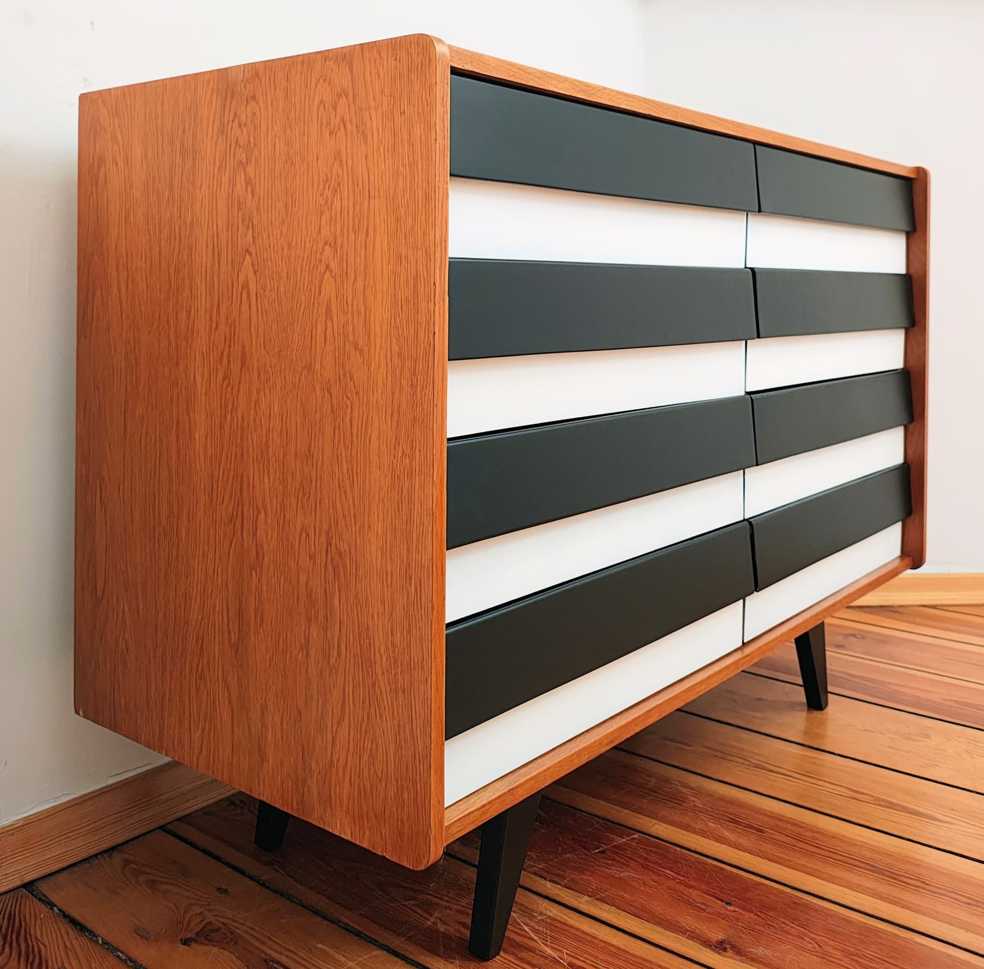 Chest of drawers, brown black white, wood, by J. Jiroutek, Jitona, Czechoslovakia, 1960s. - 377588