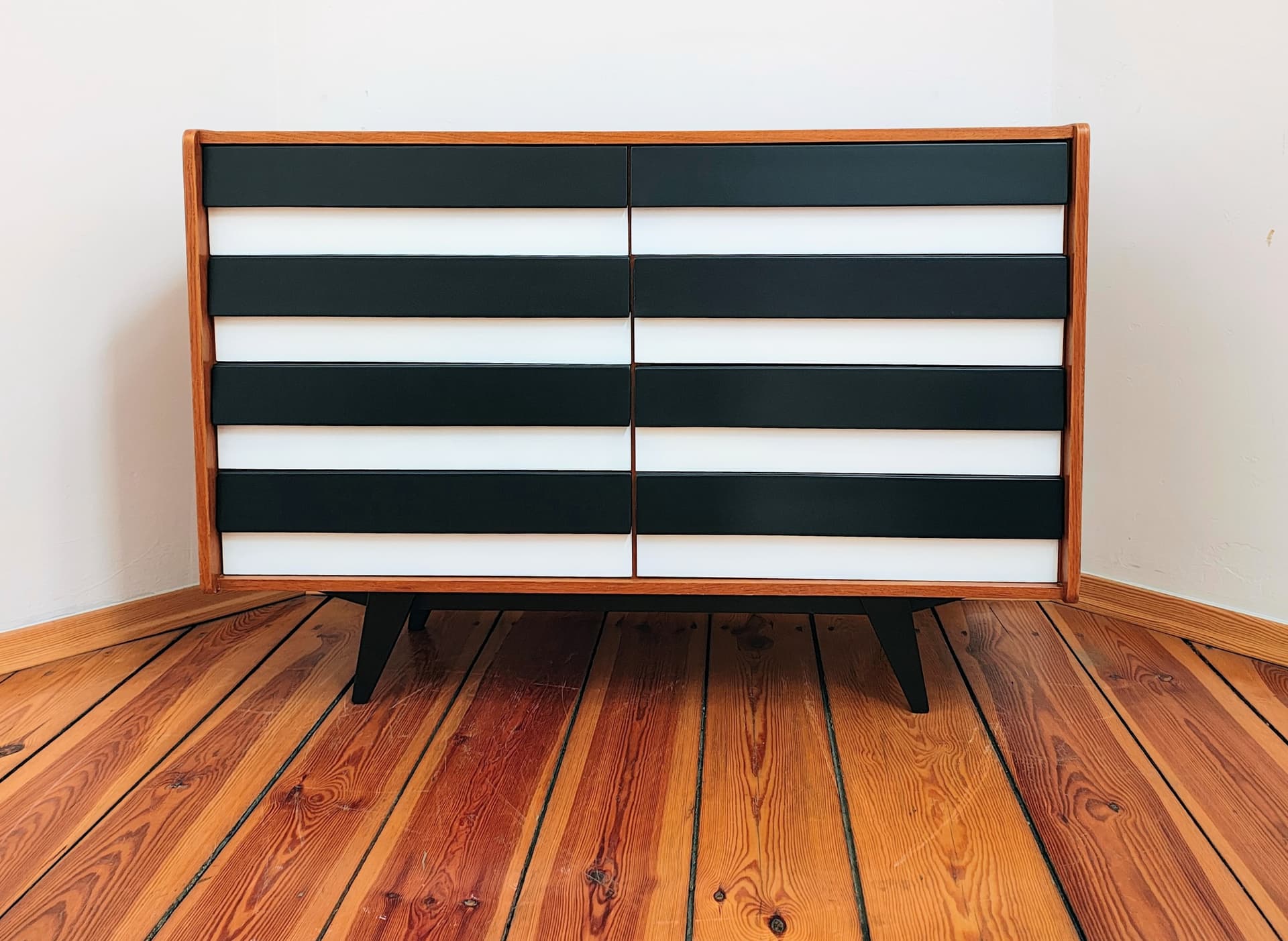 Chest of drawers, brown black white, wood, by J. Jiroutek, Jitona, Czechoslovakia, 1960s. - 377578