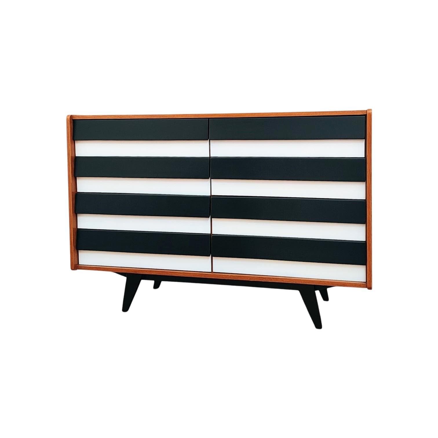 Chest of drawers, brown black white, wood, by J. Jiroutek, Jitona, Czechoslovakia, 1960s.