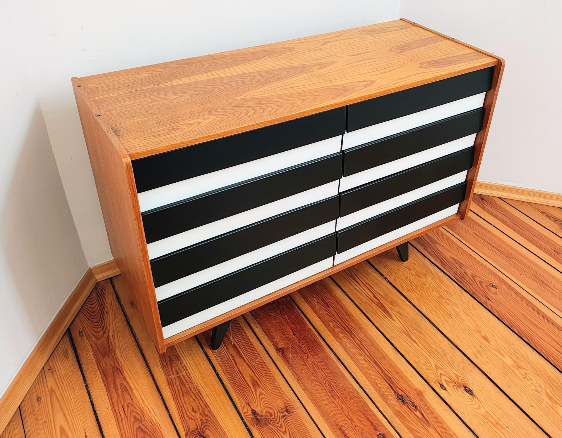 Chest of drawers, brown black white, wood, by J. Jiroutek, Jitona, Czechoslovakia, 1960s. - 377584