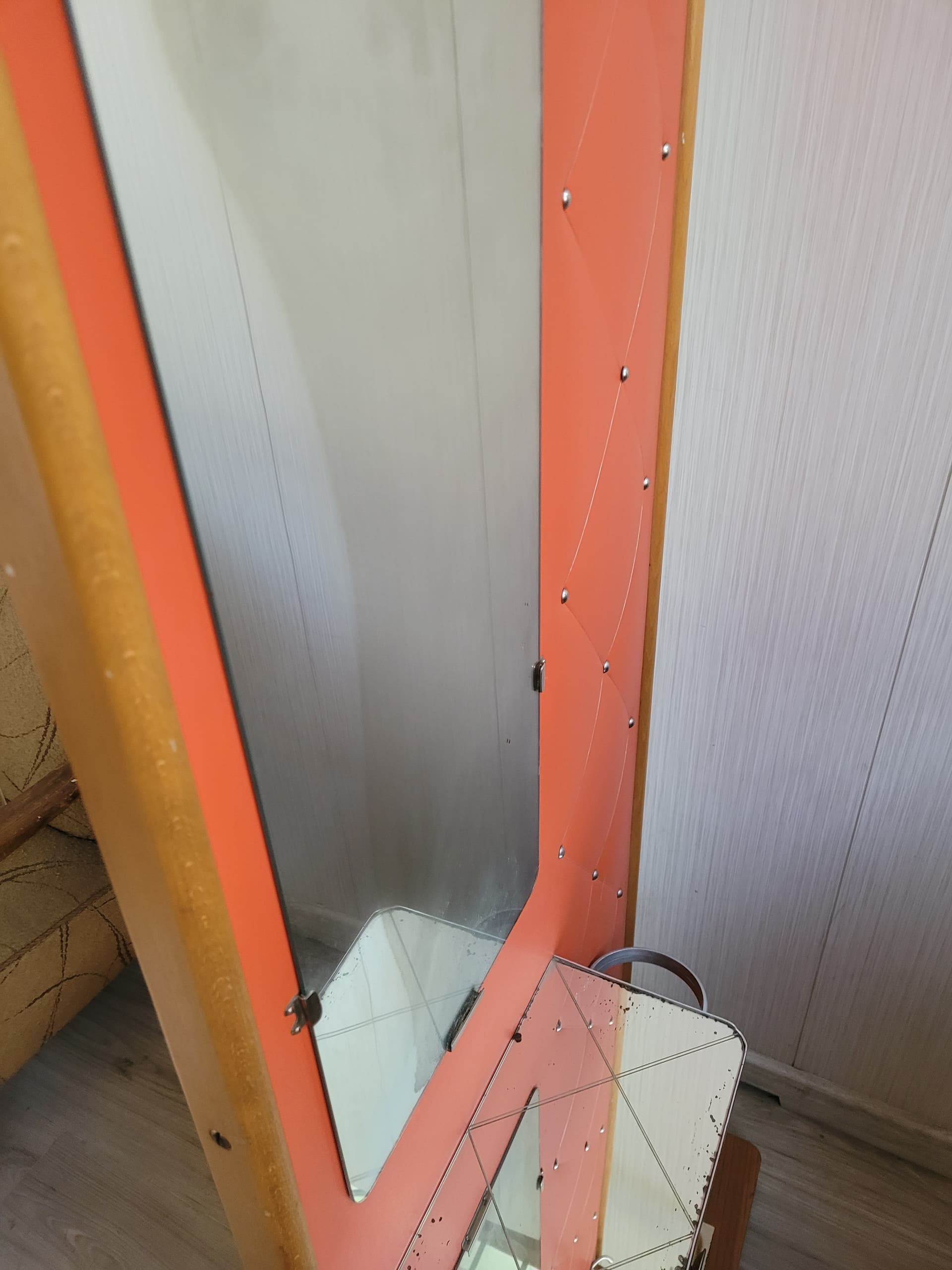 Wall-Mounted Coat Rack, orange faux leather, brown wood, silver metal, 1960s - 377600