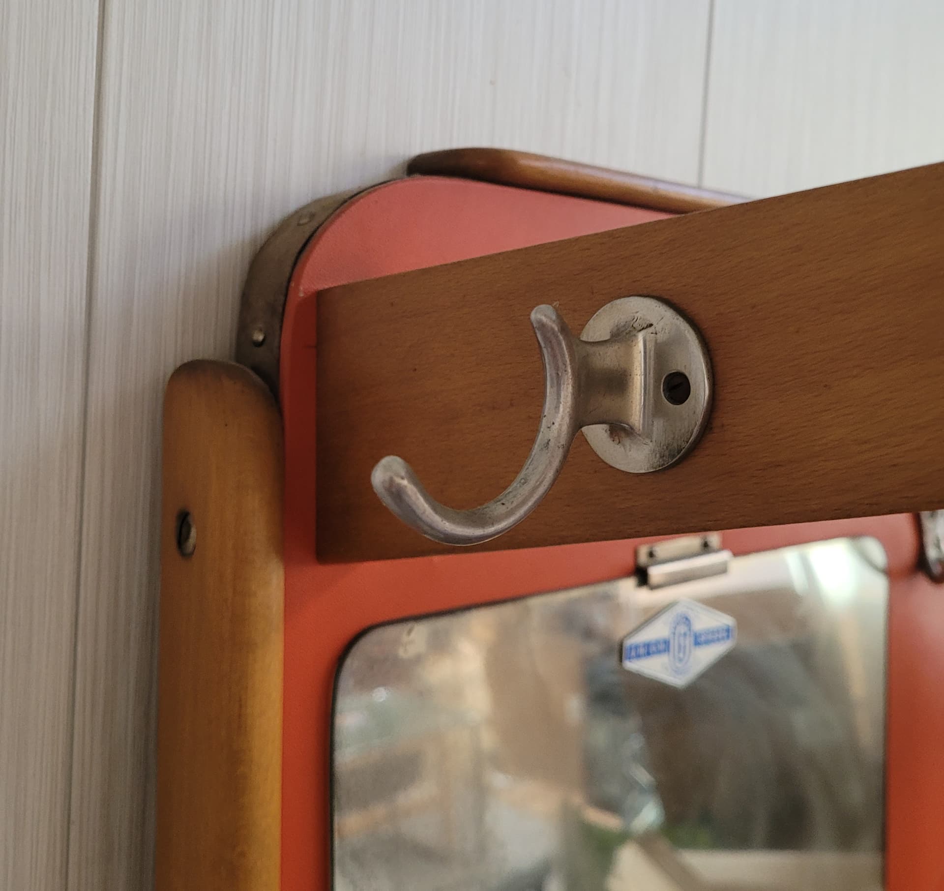 Wall-Mounted Coat Rack, orange faux leather, brown wood, silver metal, 1960s - 377591