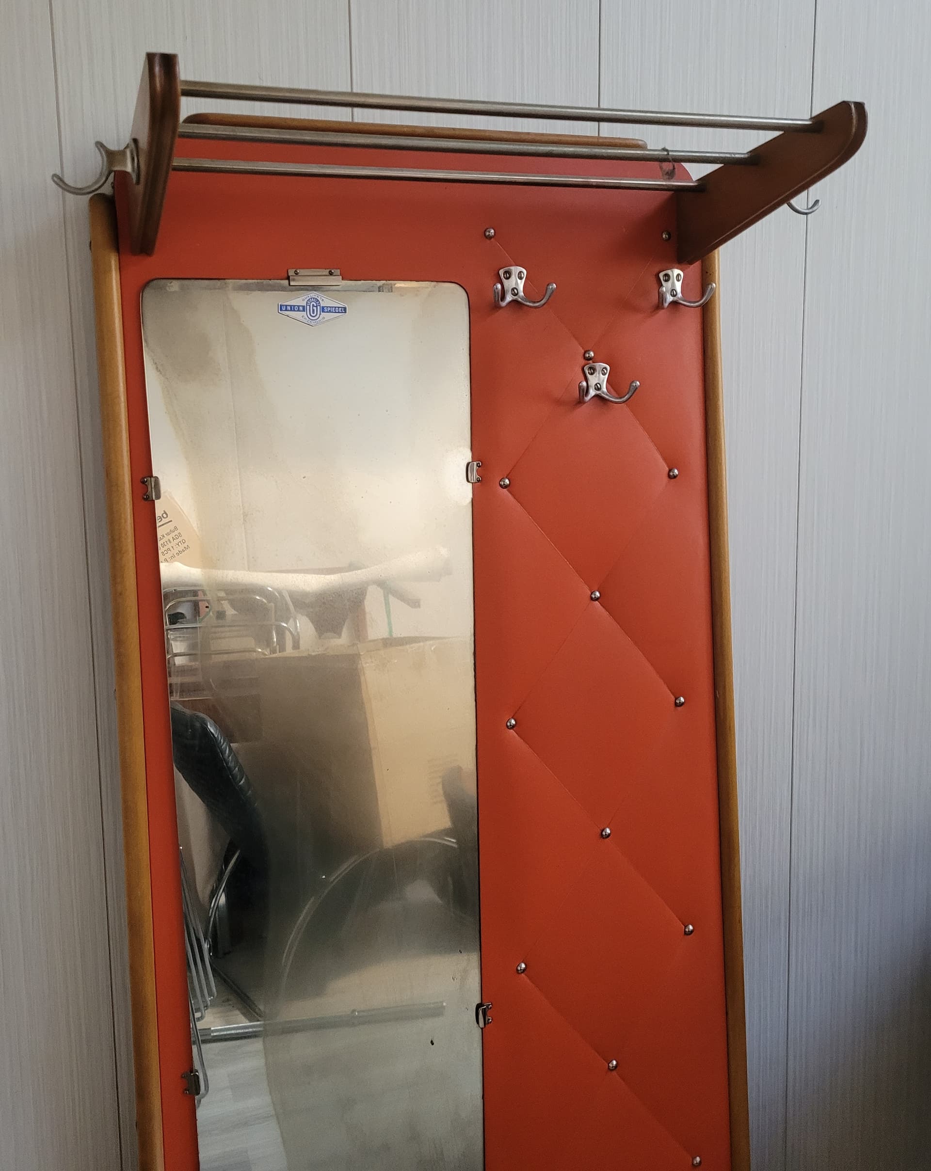 Wall-Mounted Coat Rack, orange faux leather, brown wood, silver metal, 1960s - 377596