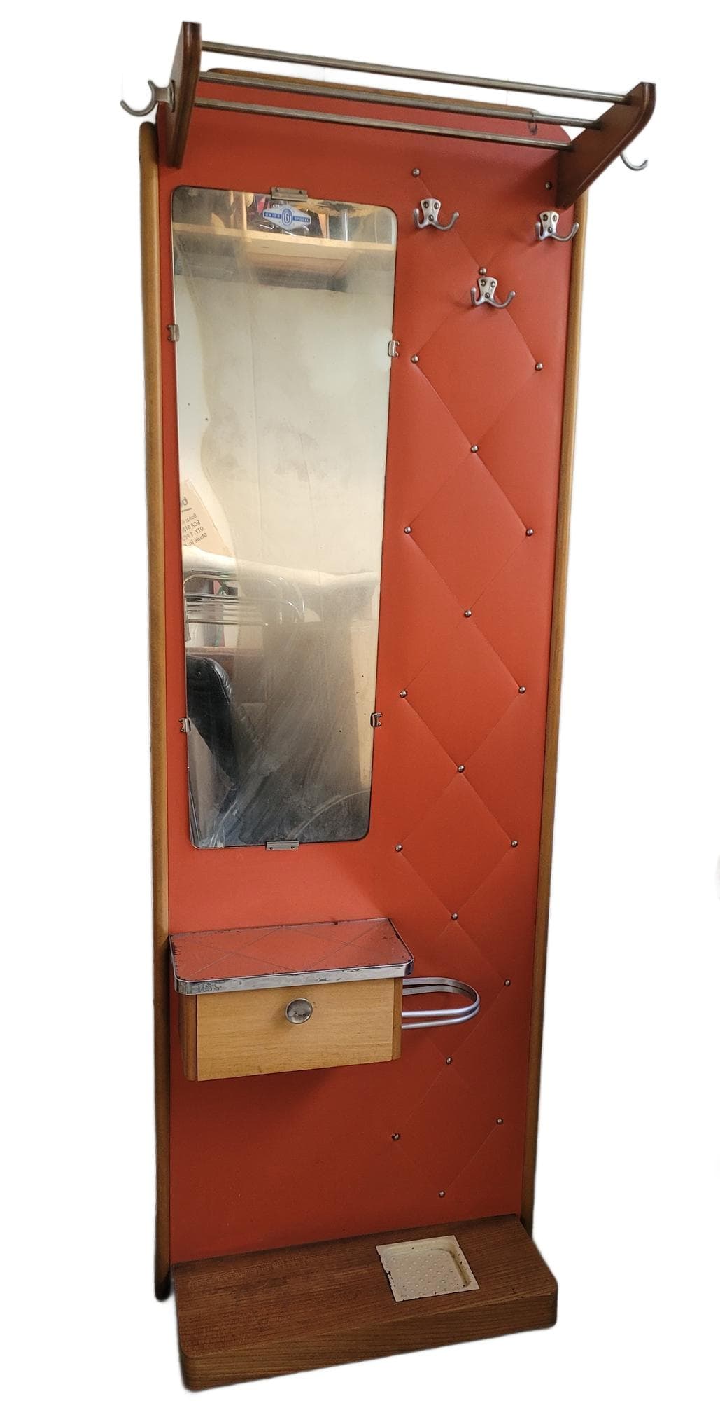 Wall-Mounted Coat Rack, orange faux leather, brown wood, silver metal, 1960s