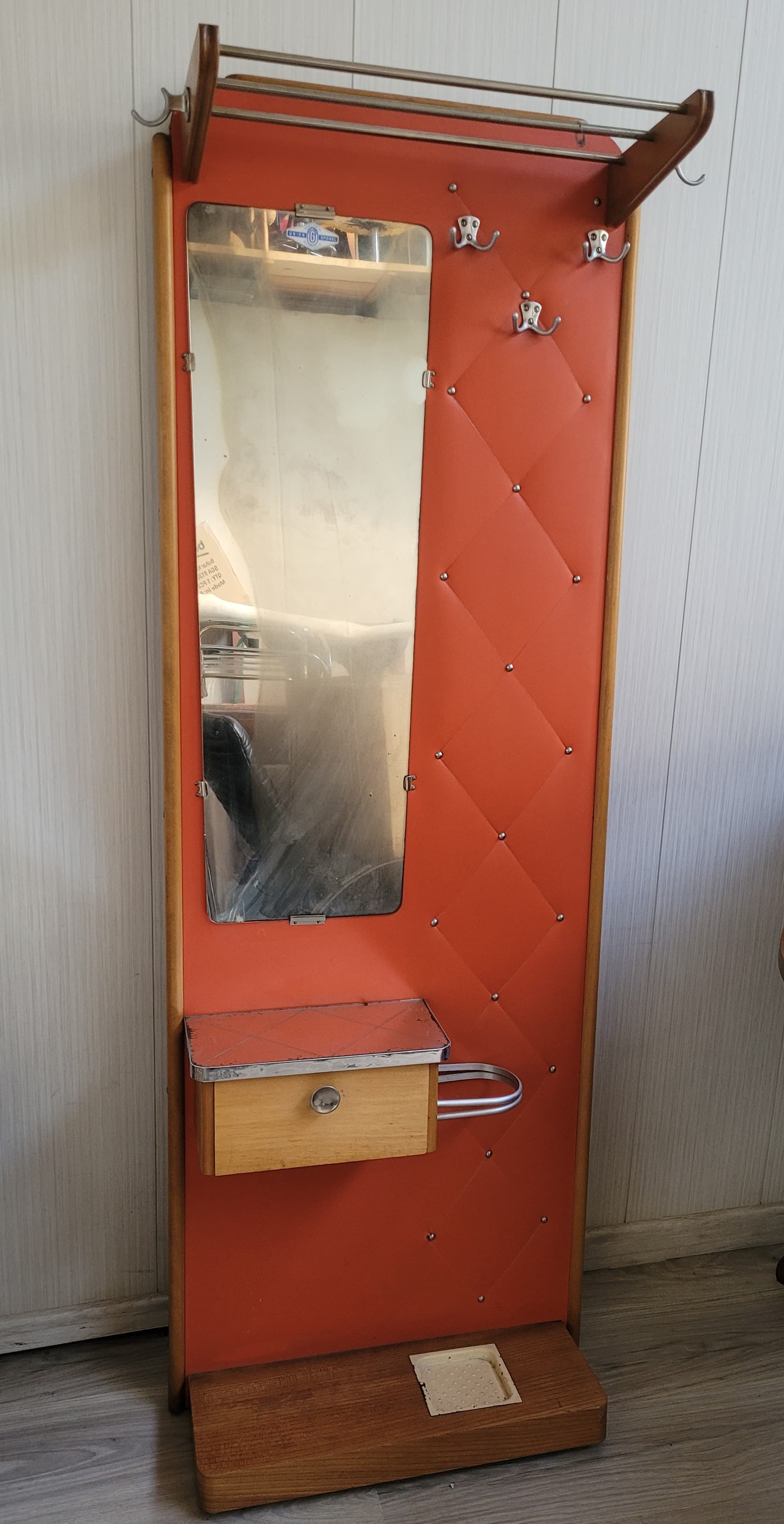 Wall-Mounted Coat Rack, orange faux leather, brown wood, silver metal, 1960s - 377592
