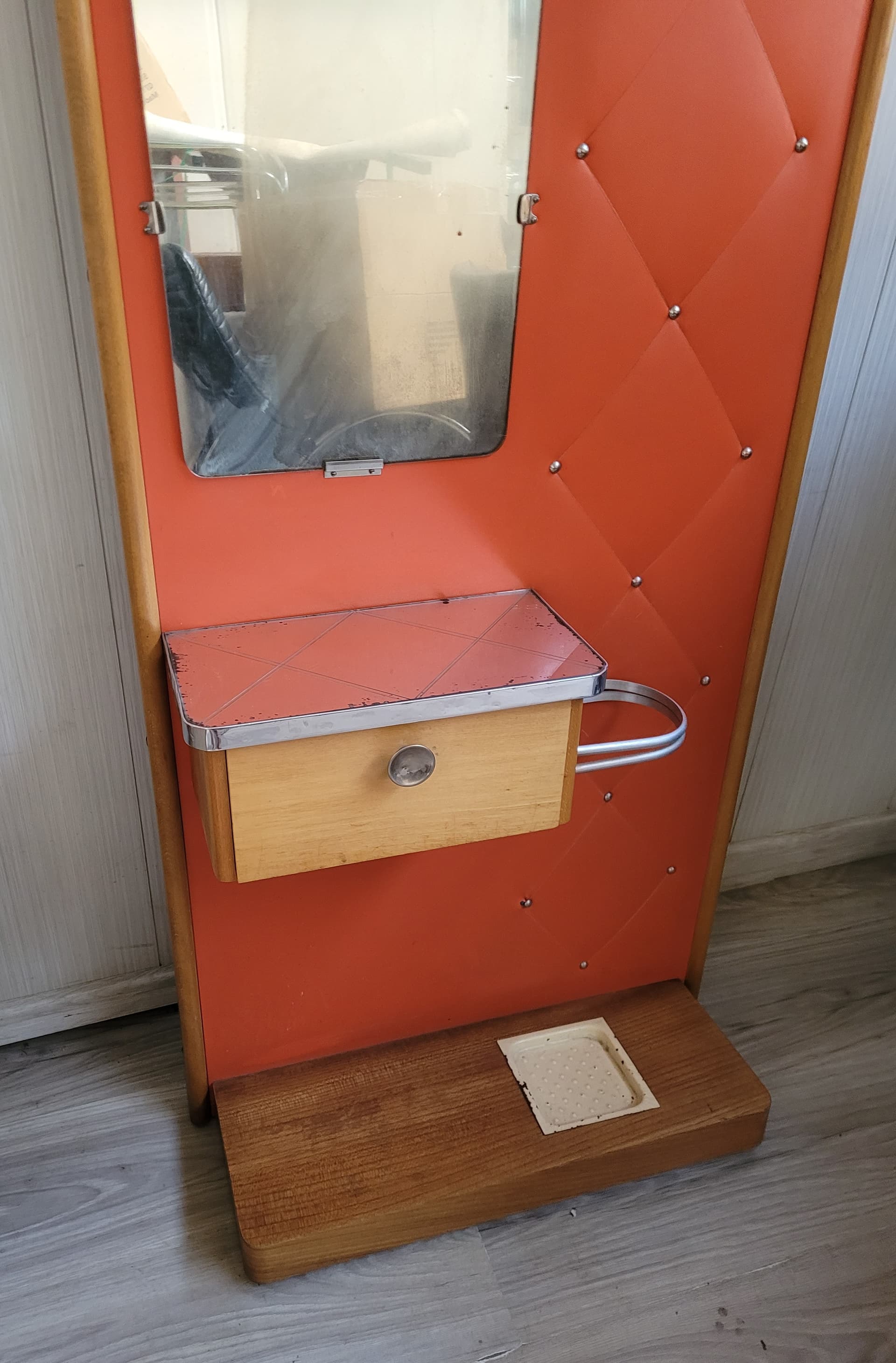 Wall-Mounted Coat Rack, orange faux leather, brown wood, silver metal, 1960s - 377590
