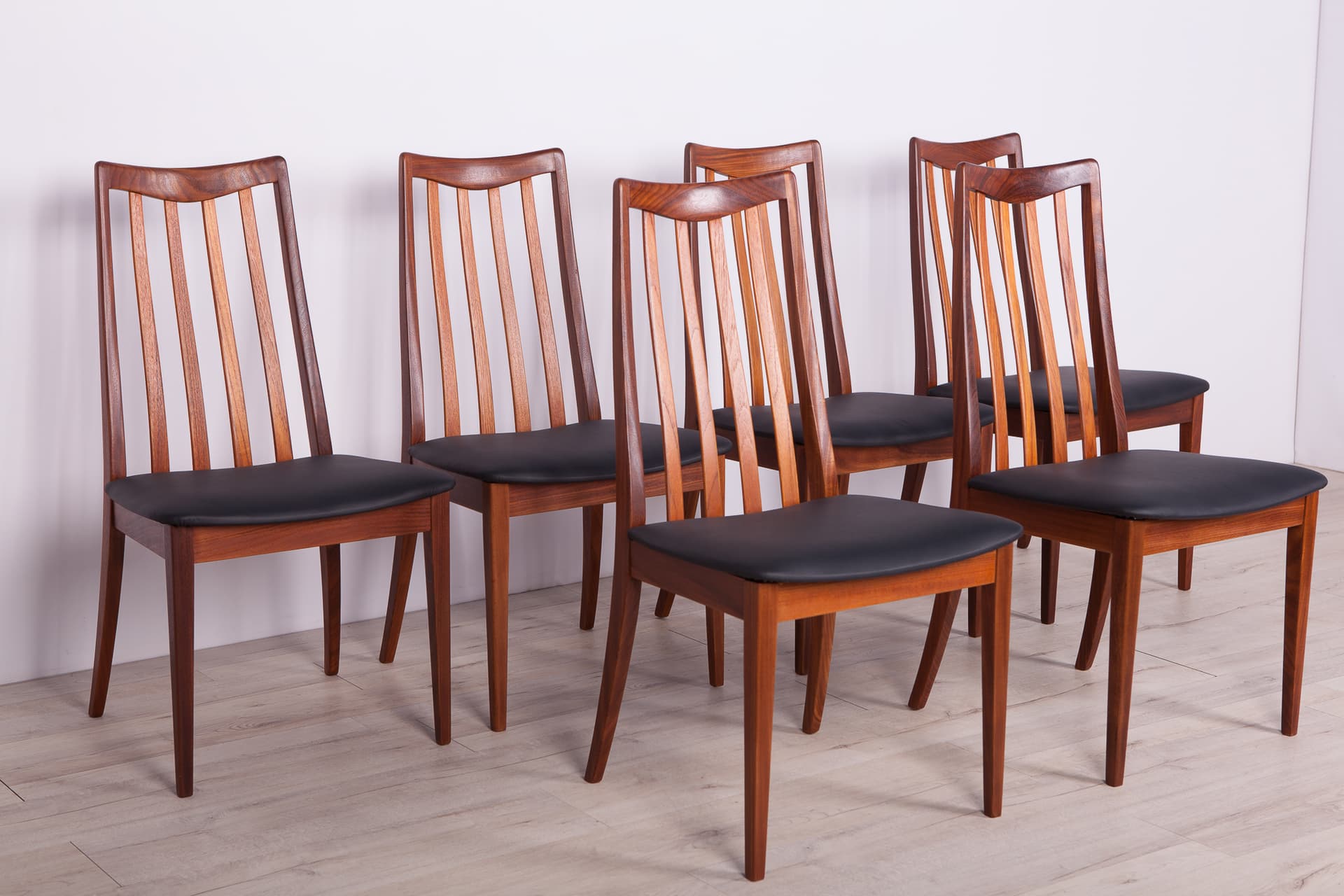 Set of Six Chairs, teak, black leather, by L. Dandy, G-Plan, United Kingdom, 1960s. - 377729