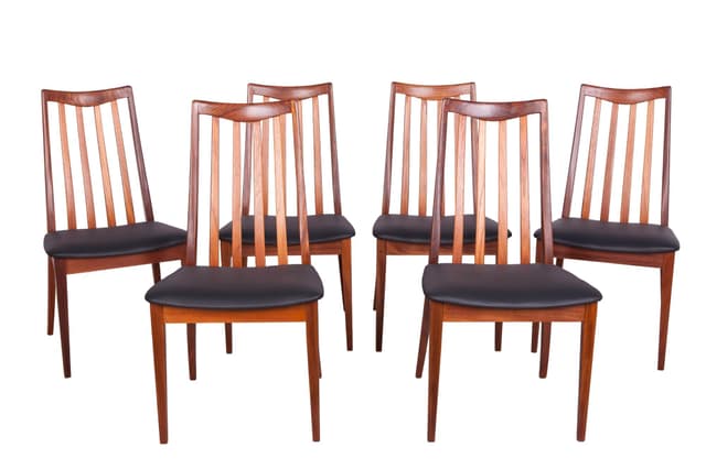 Set of Six Chairs, teak, black leather, by L. Dandy, G-Plan, United Kingdom, 1960s. - DIMENSION