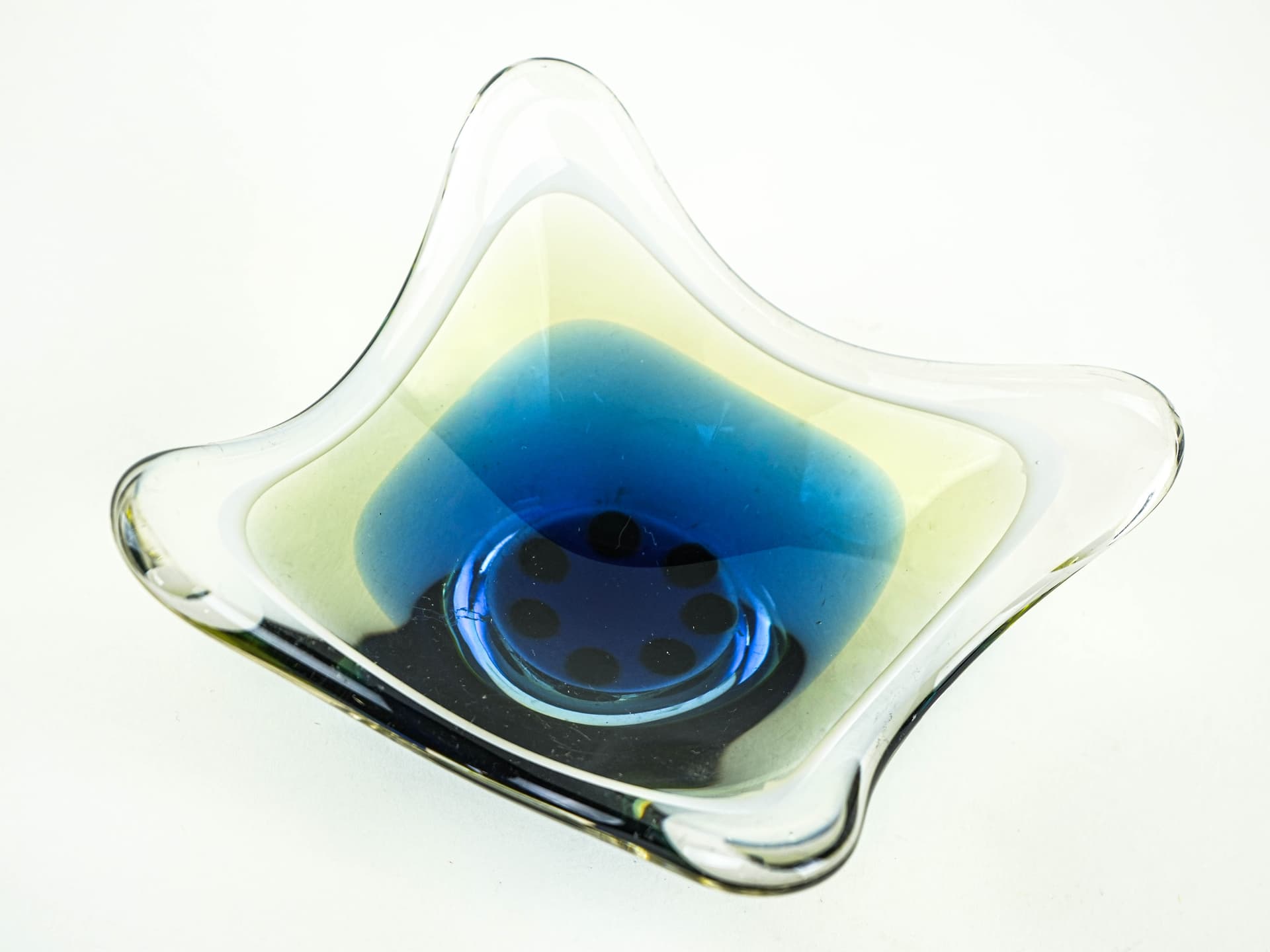 Decorative Dish, Organic Form, blue yellow green white clear glass, Europe, 1970s. - 377735