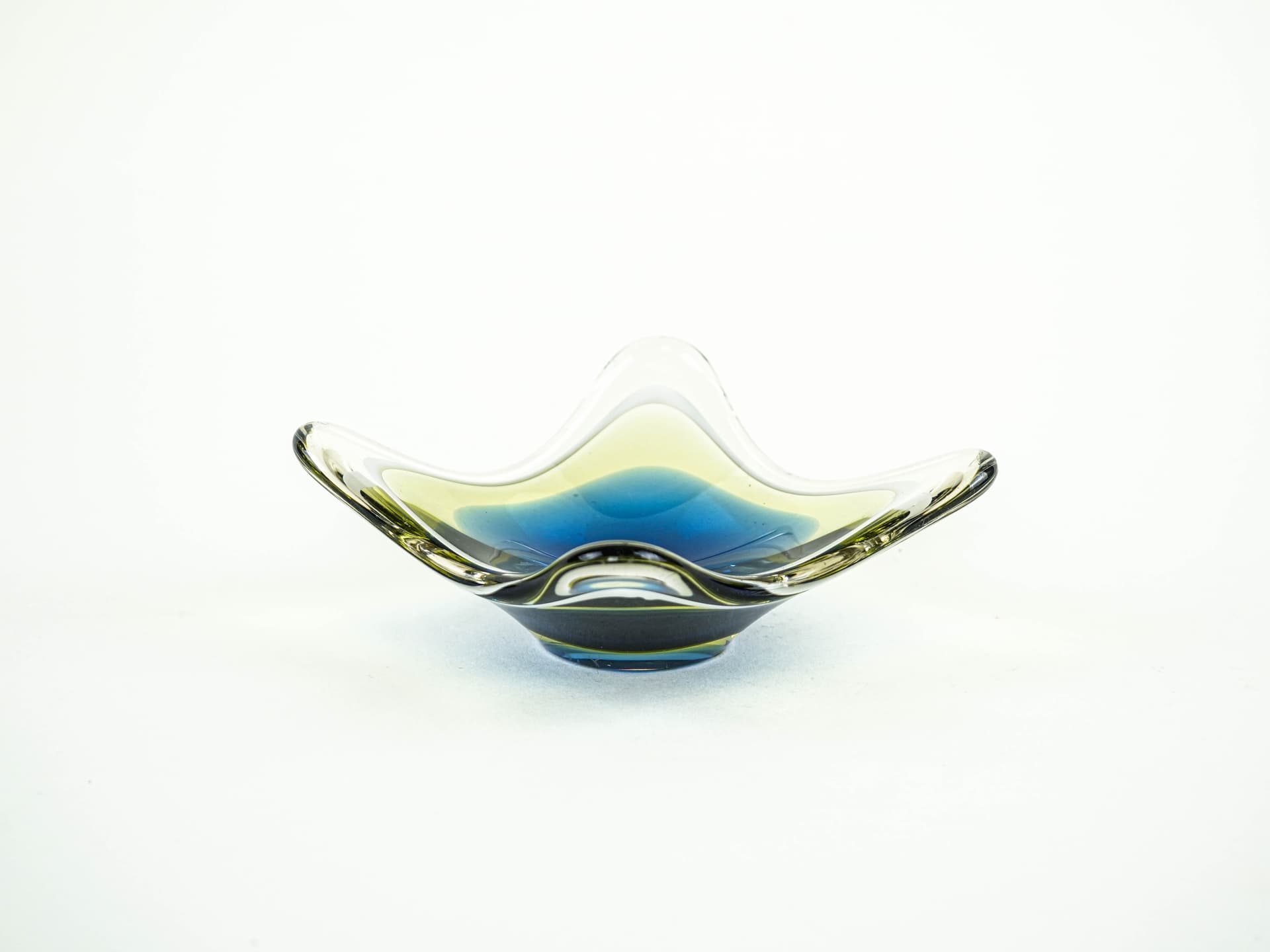 Decorative Dish, Organic Form, blue yellow green white clear glass, Europe, 1970s. - 377734