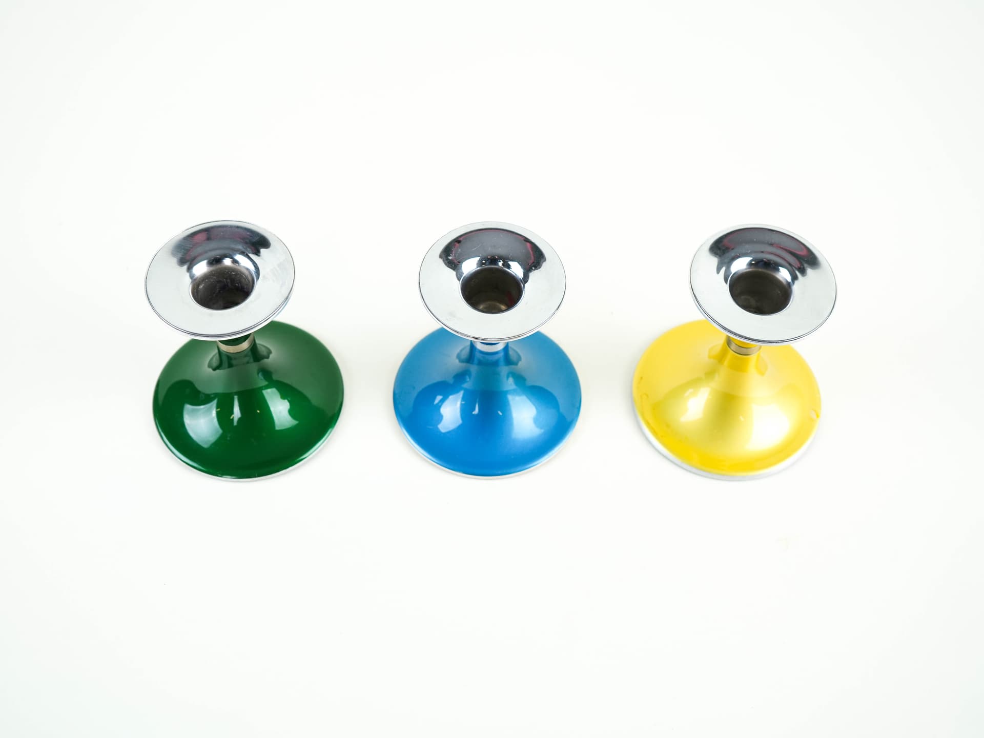 set of candlesticks Space Age, green blue yellow, lacquered metal, by B. Engø, Norway, 1970s. - 377783