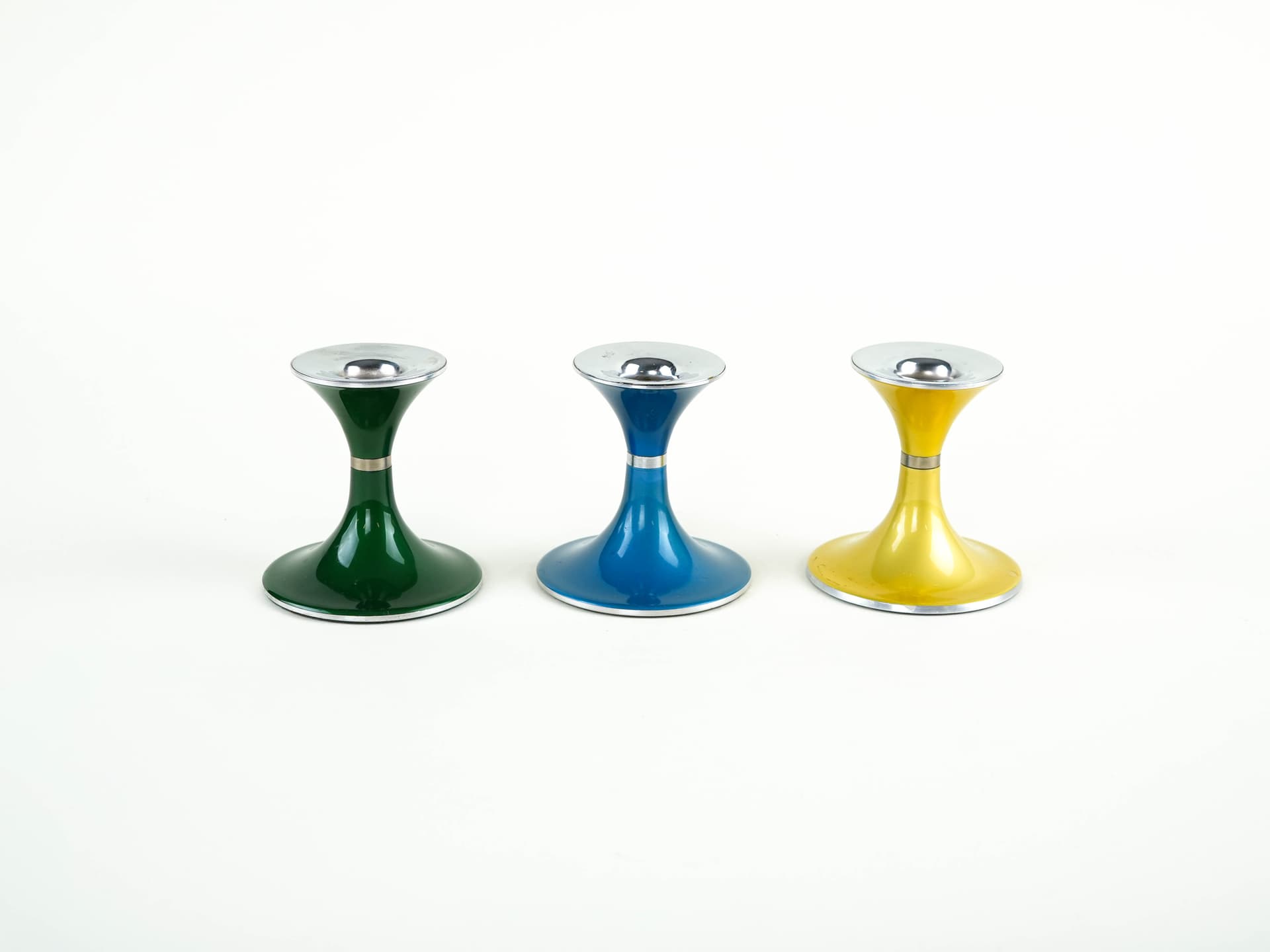 set of candlesticks Space Age, green blue yellow, lacquered metal, by B. Engø, Norway, 1970s. - 377777