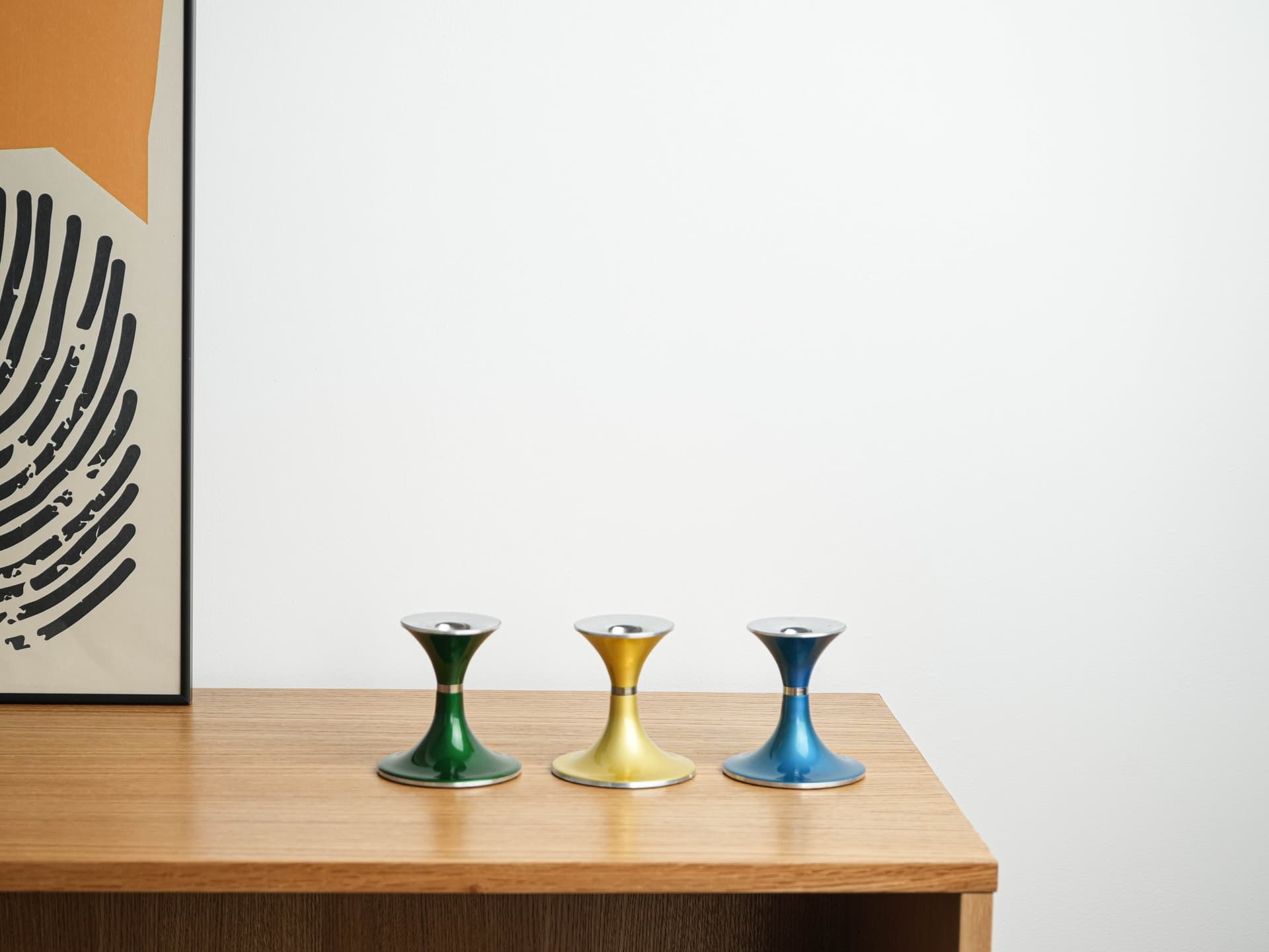 set of candlesticks Space Age, green blue yellow, lacquered metal, by B. Engø, Norway, 1970s. - 377784
