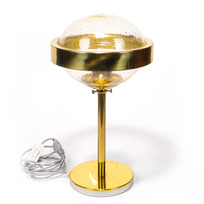 Lampa stołowa Saturn, szkło sodowe przezroczyste, mosiądz złoty, Czechy, lata 50. - 377846