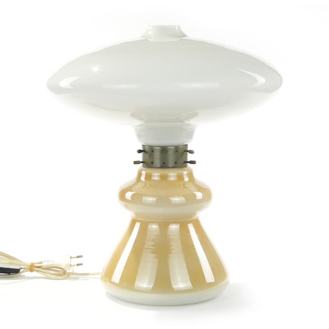 Lampa stołowa, brązowy szkło, biały szkło, metal, Zakłady Elektryczne Virtpol, Polska, lata 50. - WYMIARY