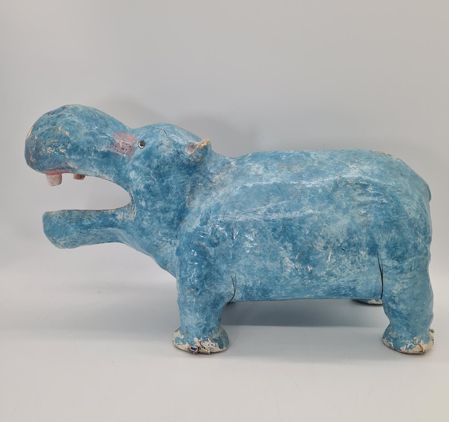 Figurka hipopotama, niebieski, papier-mâché, lata 70. - 378088