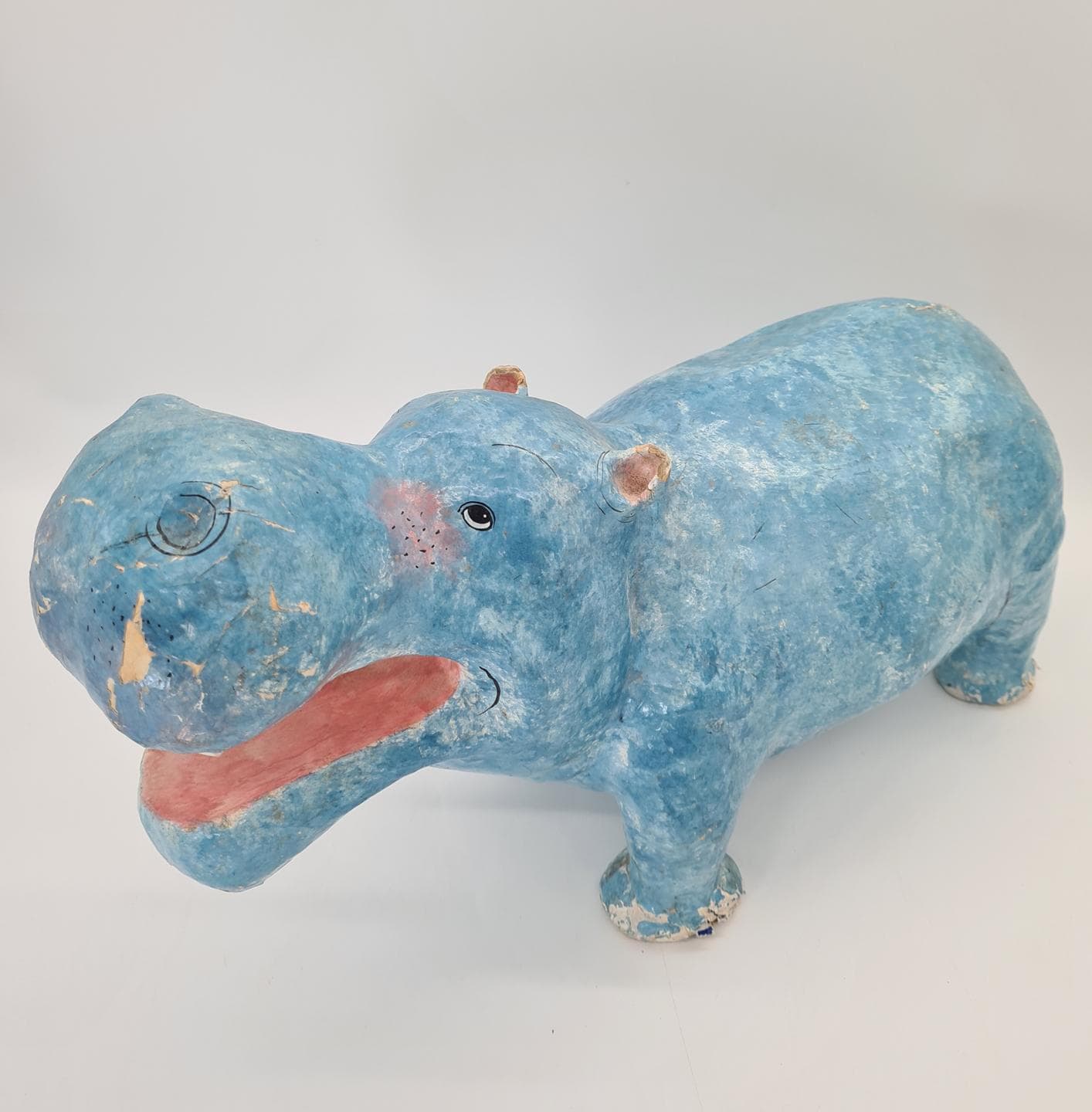 Figurka hipopotama, niebieski, papier-mâché, lata 70. - 378086