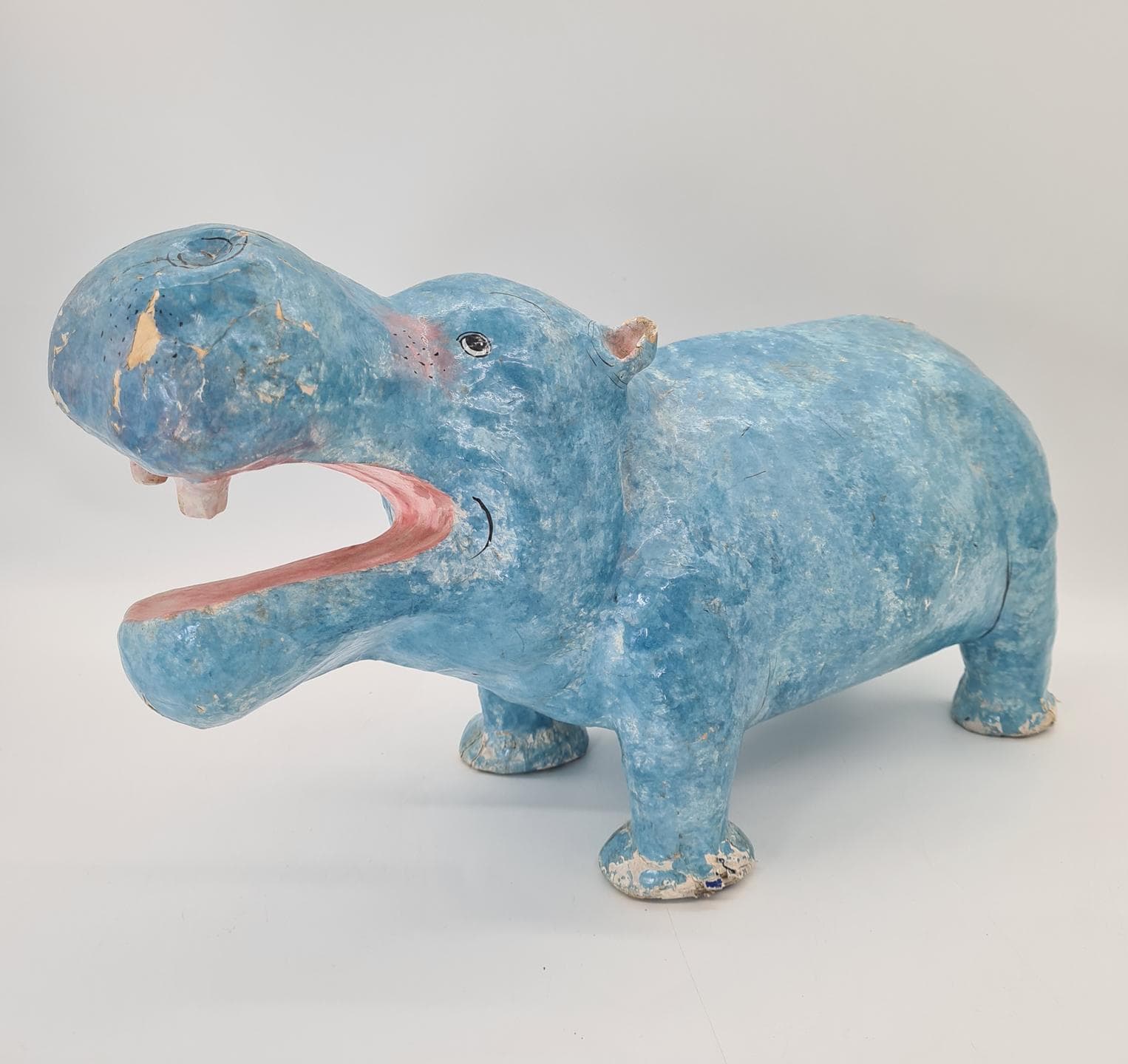 Figurka hipopotama, niebieski, papier-mâché, lata 70. - 378087