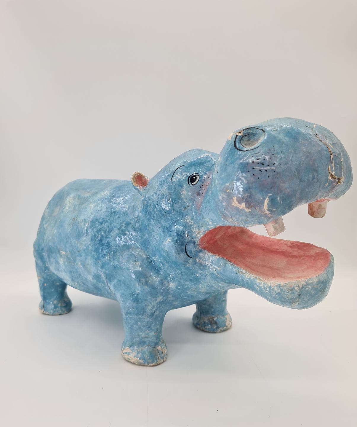 Figurka hipopotama, niebieski, papier-mâché, lata 70. - 378082