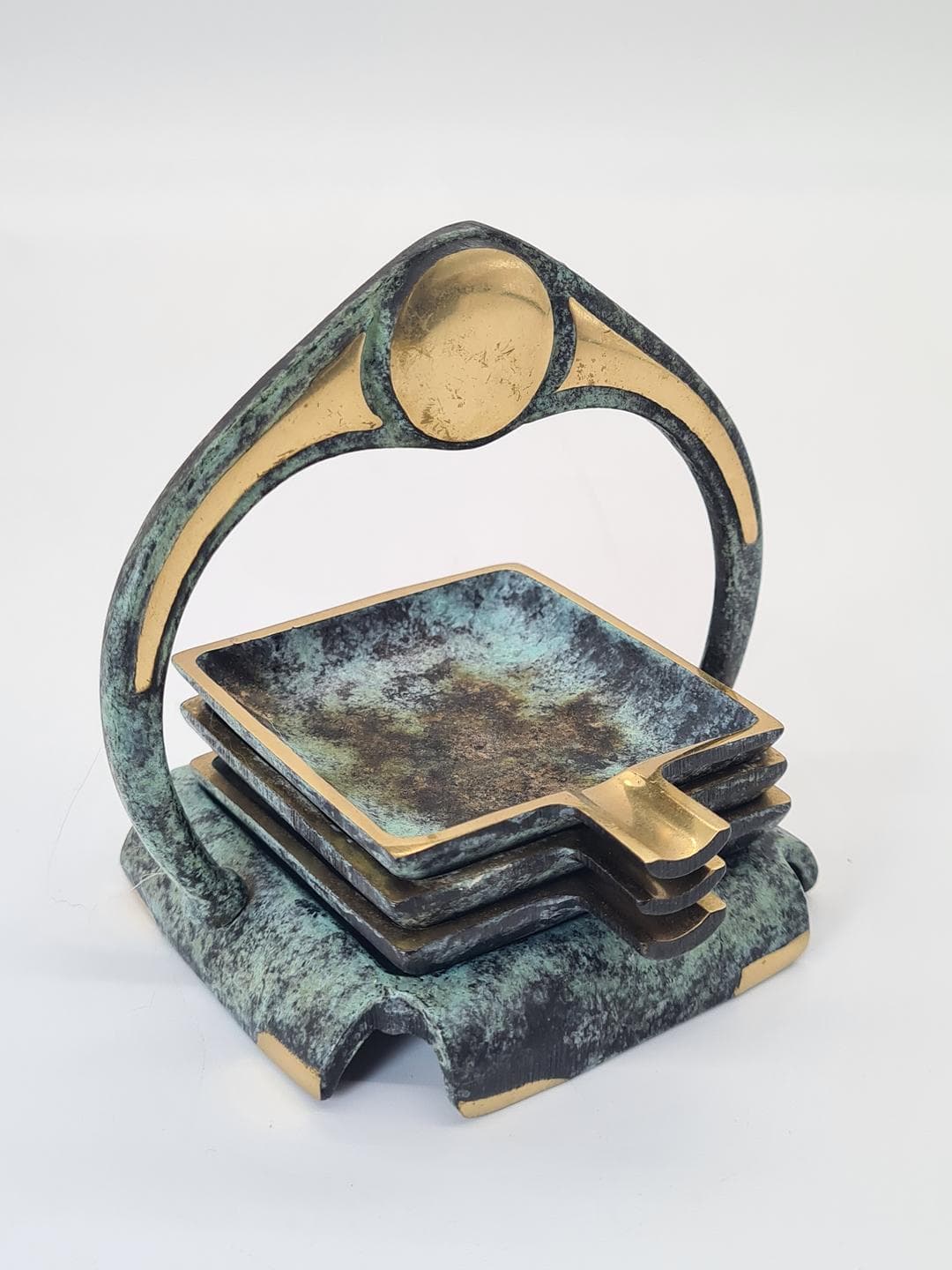 Zestaw trzech popielniczek ze stojakiem, Art déco, metal zielony złocony, lata 30. - 378108