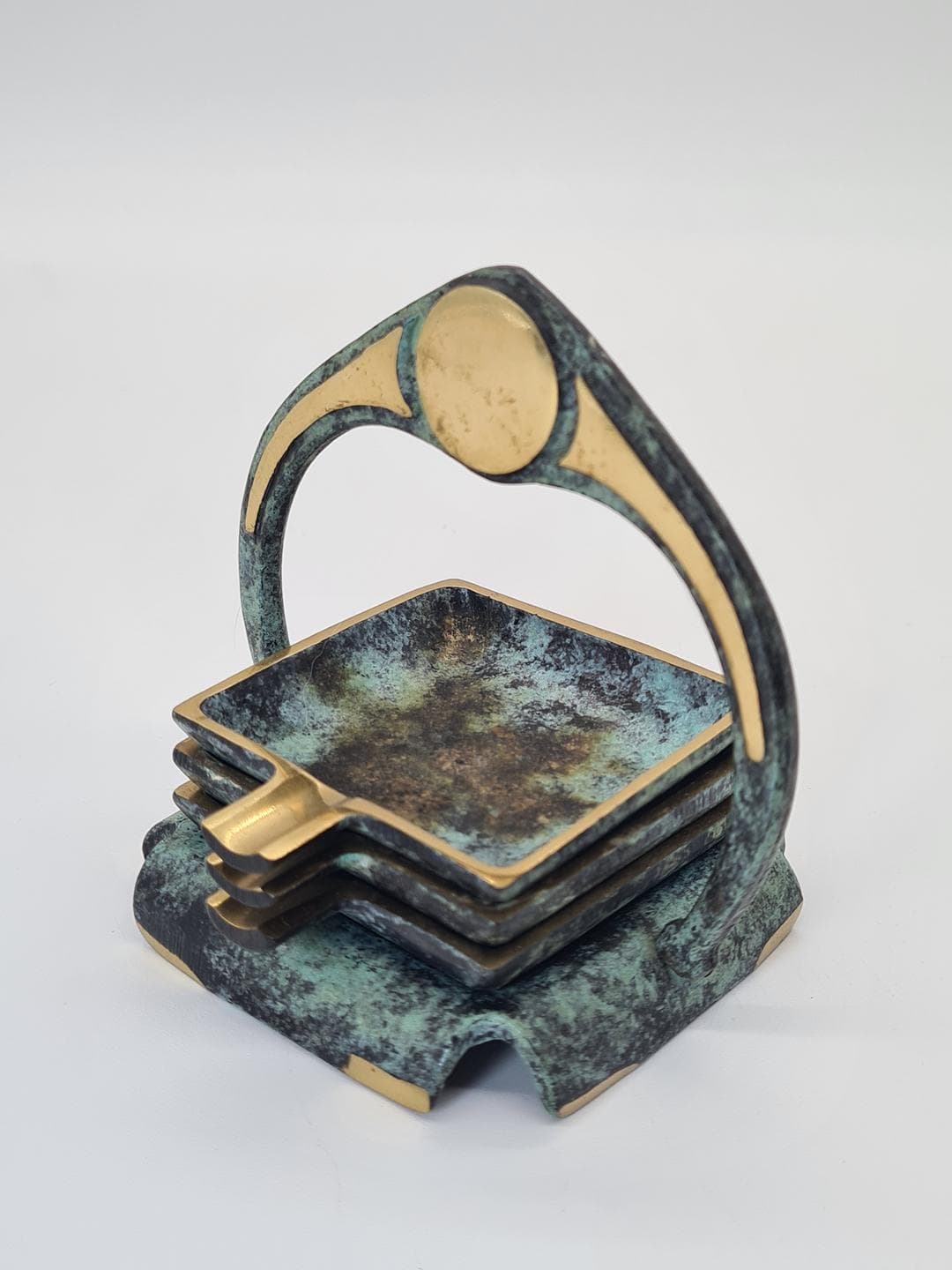 Zestaw trzech popielniczek ze stojakiem, Art déco, metal zielony złocony, lata 30. - 378109