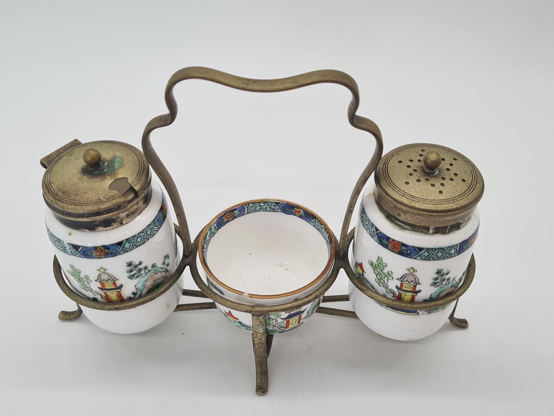 Three-piece condiment set Pagoda, bone china, metal, Crown Staffordshire, United Kingdom, 1970s - 378128