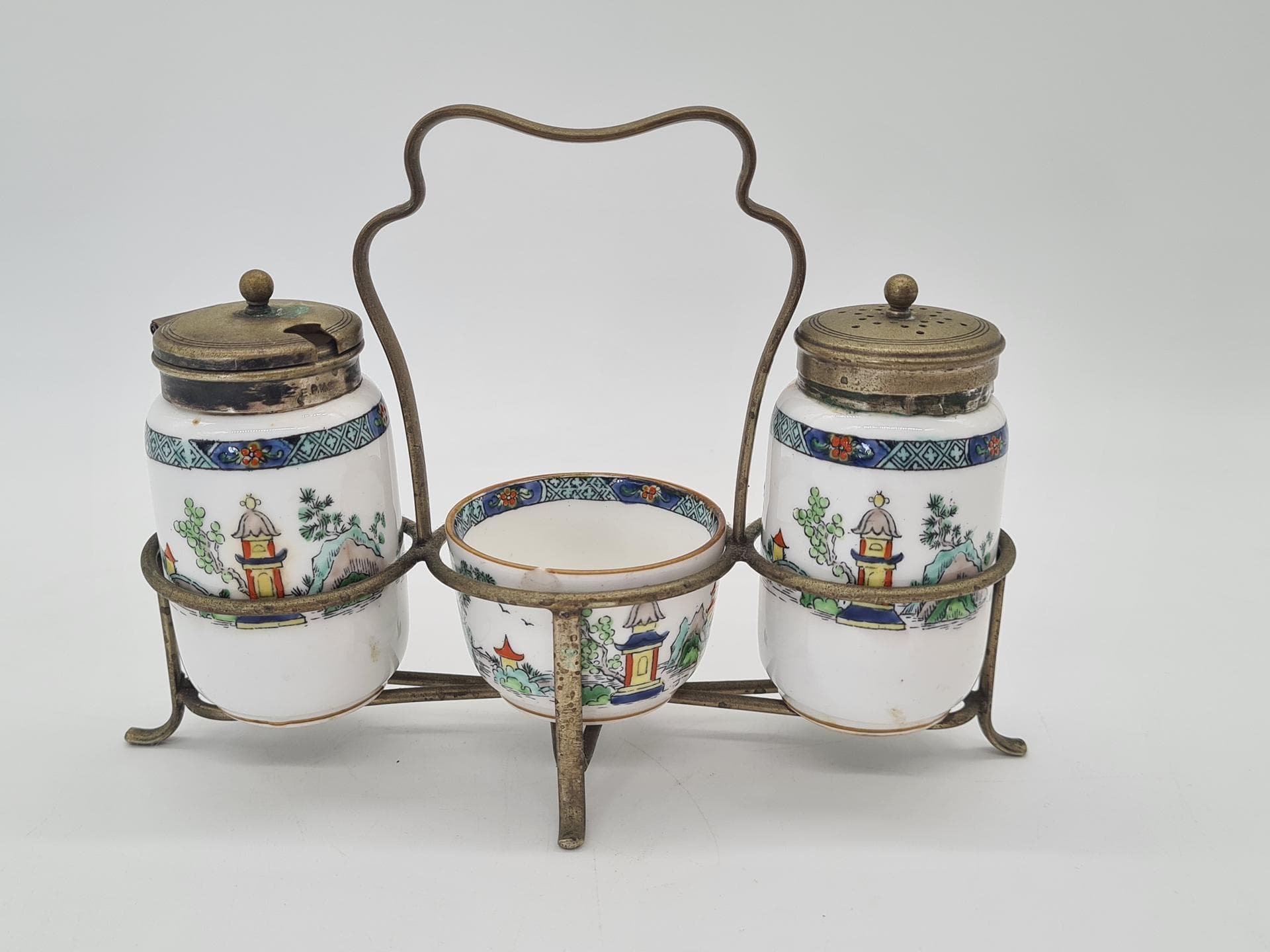 Three-piece condiment set Pagoda, bone china, metal, Crown Staffordshire, United Kingdom, 1970s - 378126
