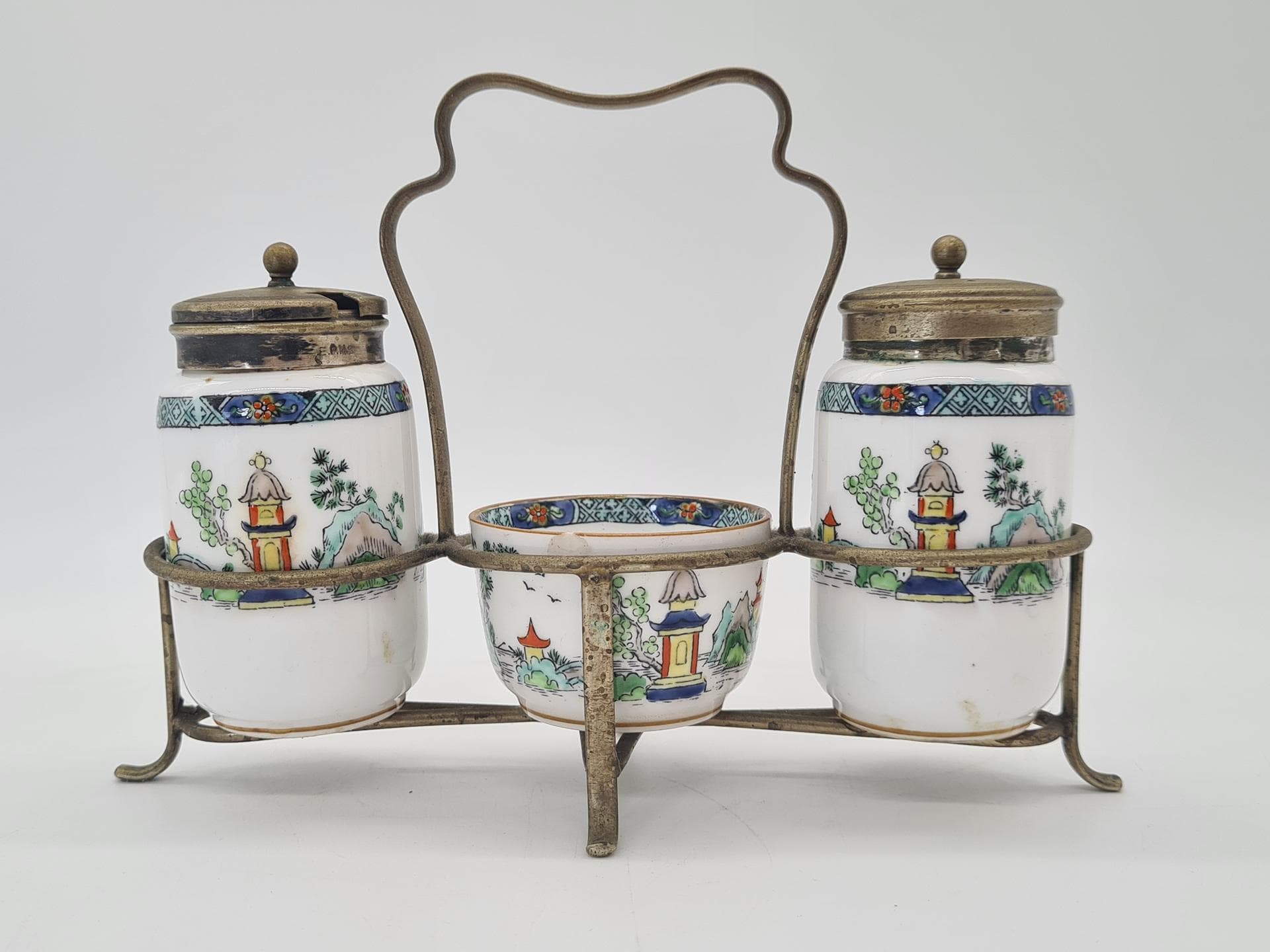 Three-piece condiment set Pagoda, bone china, metal, Crown Staffordshire, United Kingdom, 1970s - 378125