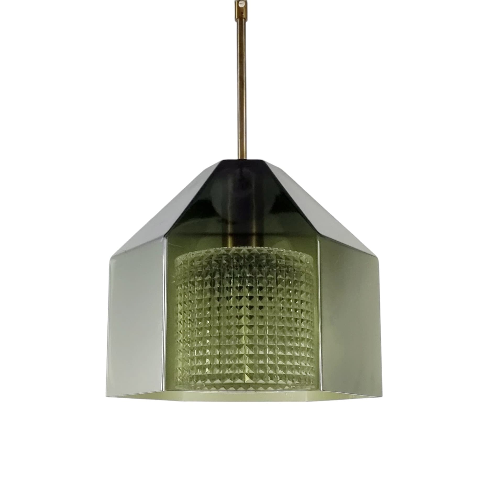 Lampa sufitowa, szkło zielone, mosiądz złoty, proj. C. Fagerlund, Orrefors, Szwecja, lata 60. - 378191